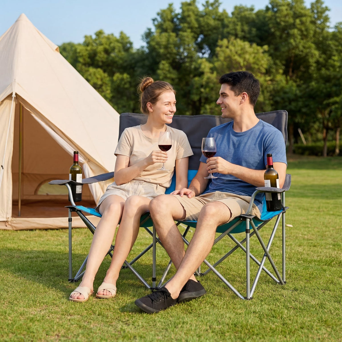 Double Camping Chair with Carry Bag Cup Holders-Blue-Camping Furniture-DECOROLALA