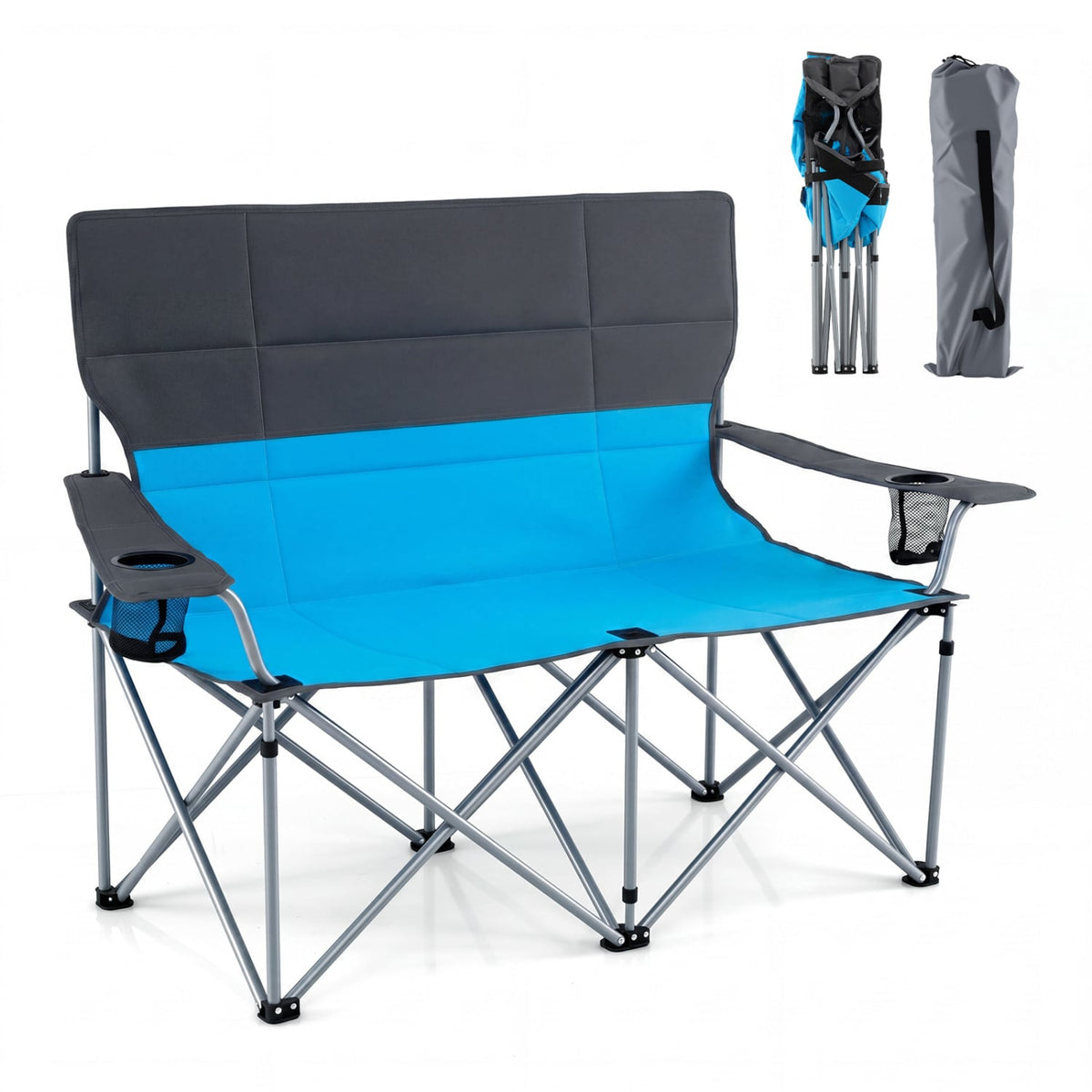 Double Camping Chair with Carry Bag Cup Holders-Blue-Camping Furniture-DECOROLALA