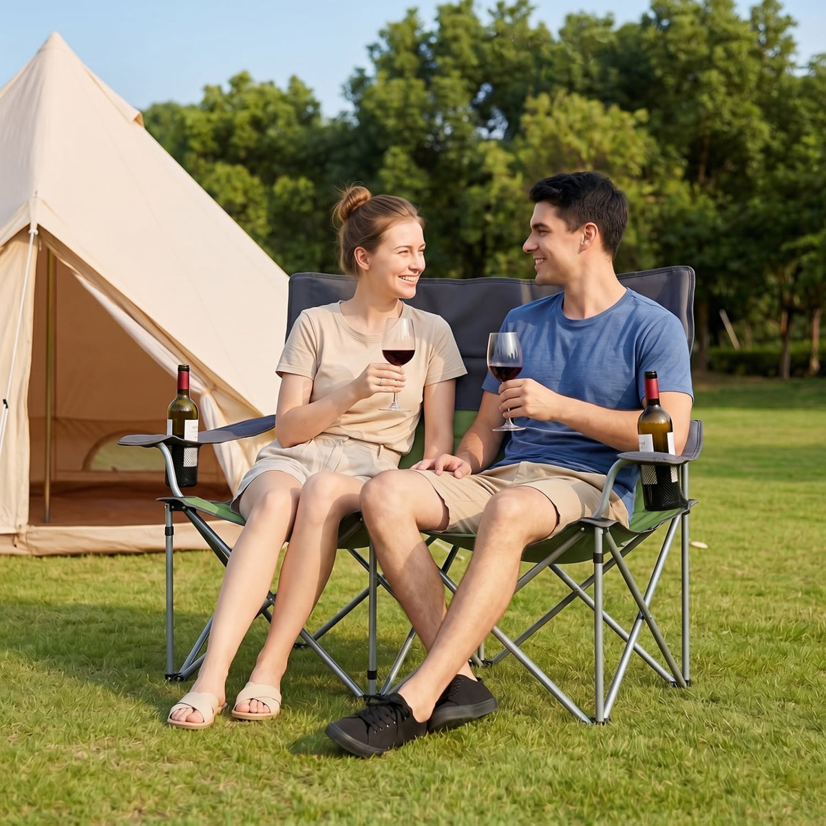 Double Camping Chair with Carry Bag Cup Holders-Green-Camping Furniture-DECOROLALA