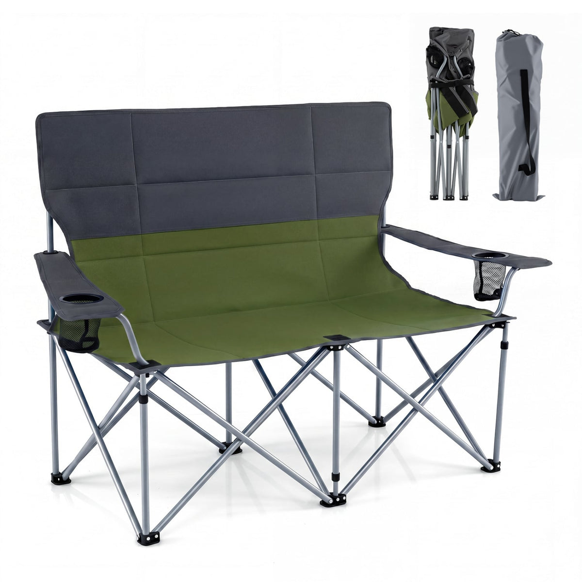 Double Camping Chair with Carry Bag Cup Holders-Green-Camping Furniture-DECOROLALA