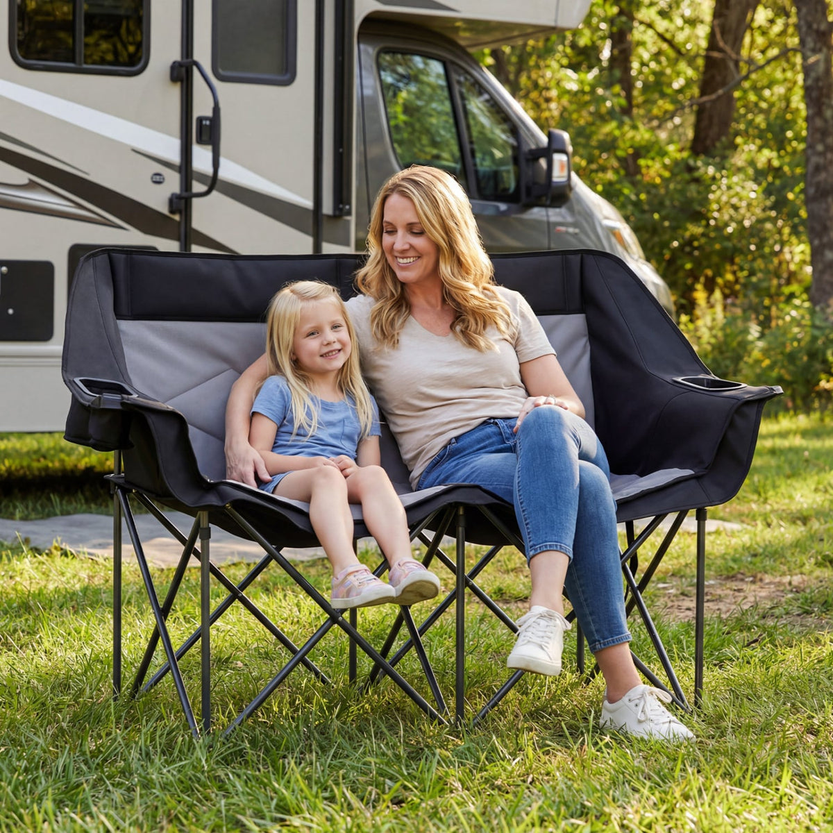 Double Camping Chair with Cup Holders Glass Racks and Mesh Pockets-DarkGray-Camping Furniture-DECOROLALA