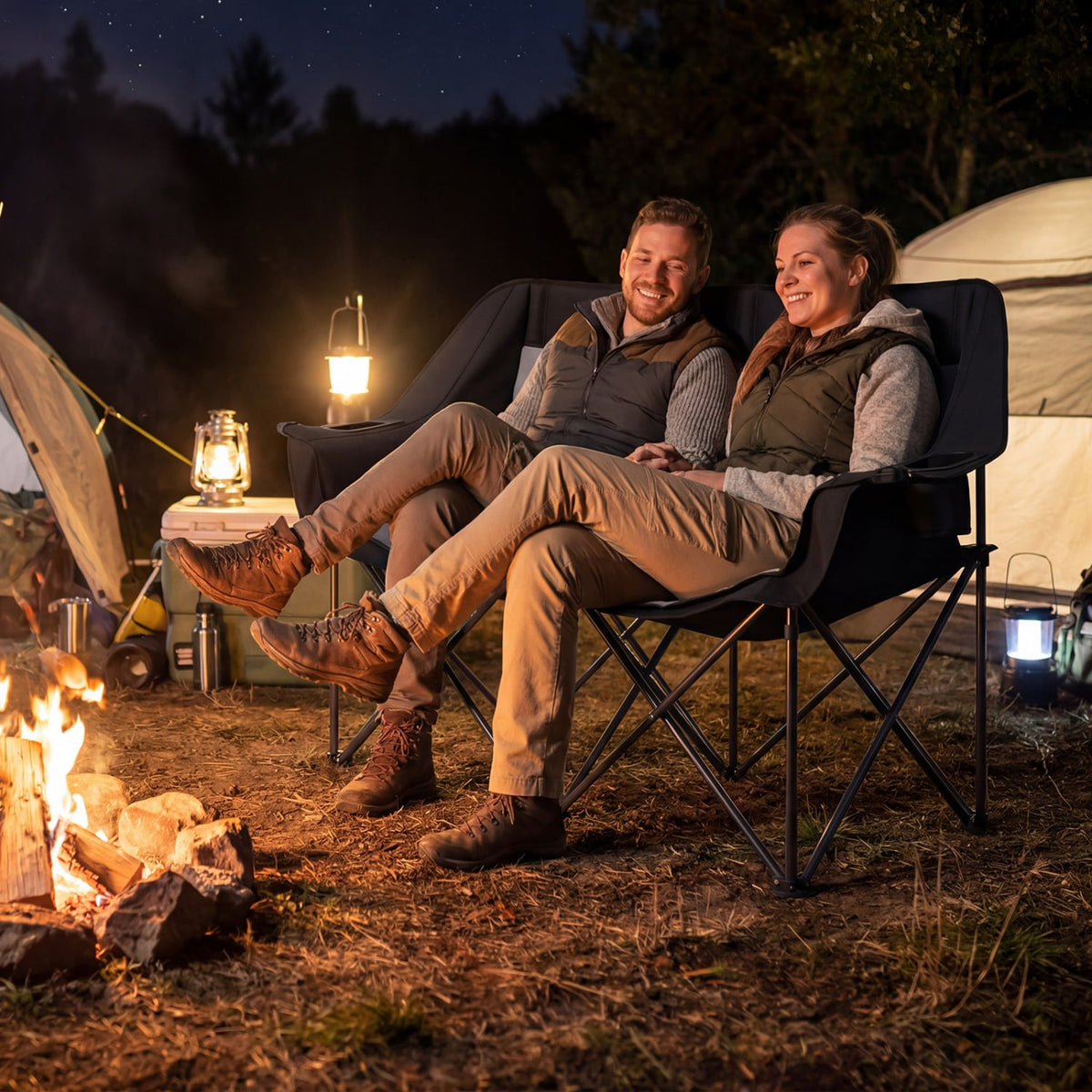 Double Camping Chair with Cup Holders Glass Racks and Mesh Pockets-DarkGray-Camping Furniture-DECOROLALA