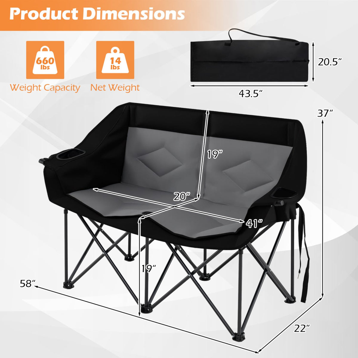 Double Camping Chair with Cup Holders Glass Racks and Mesh Pockets-DarkGray-Camping Furniture-DECOROLALA