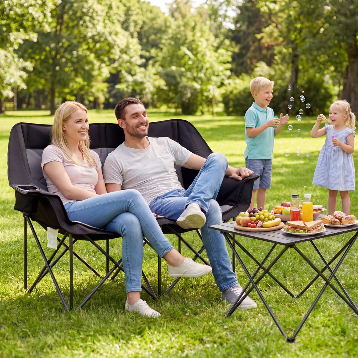 Double Camping Chair with Cup Holders Glass Racks and Mesh Pockets-DarkGray-Camping Furniture-DECOROLALA