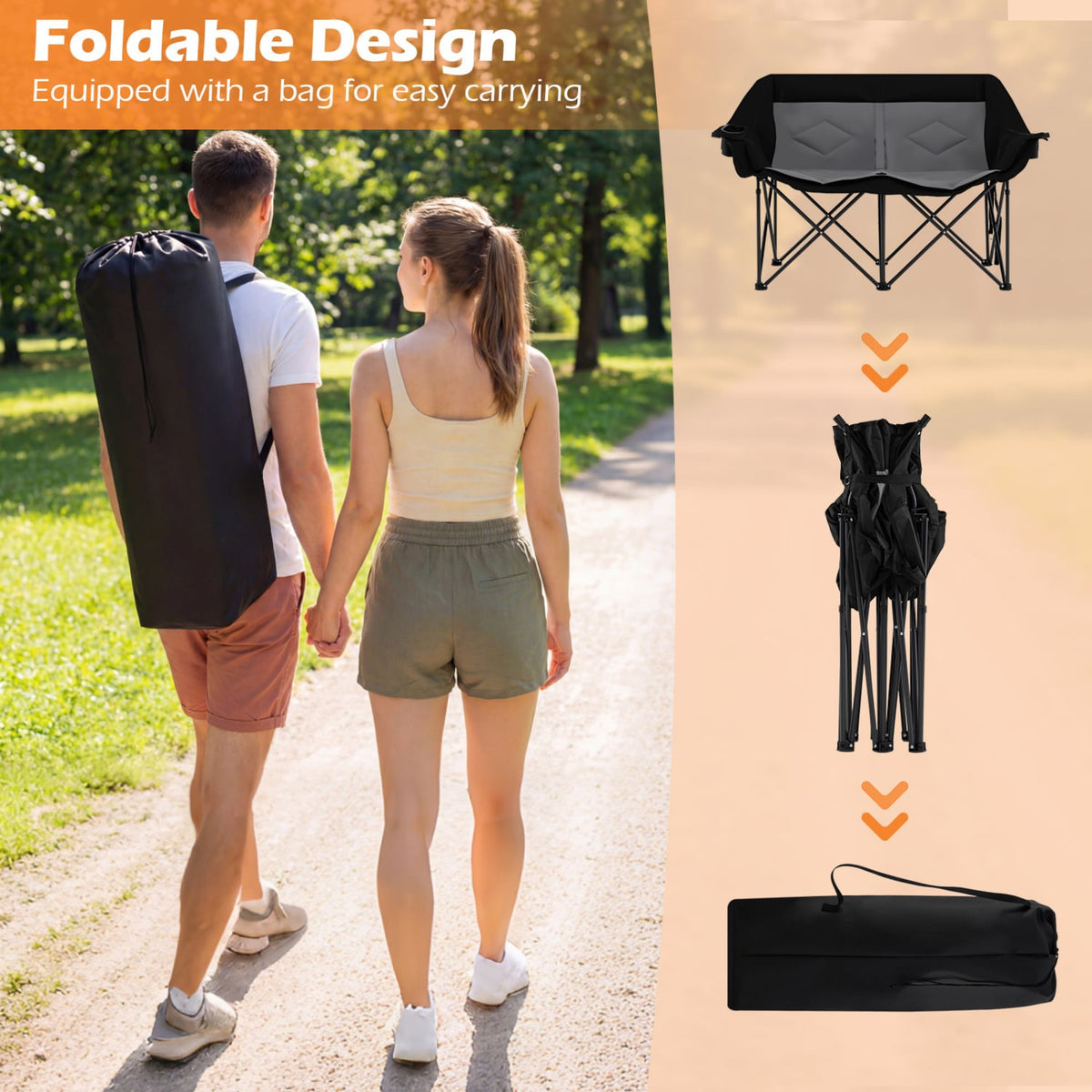 Double Camping Chair with Cup Holders Glass Racks and Mesh Pockets-DarkGray-Camping Furniture-DECOROLALA