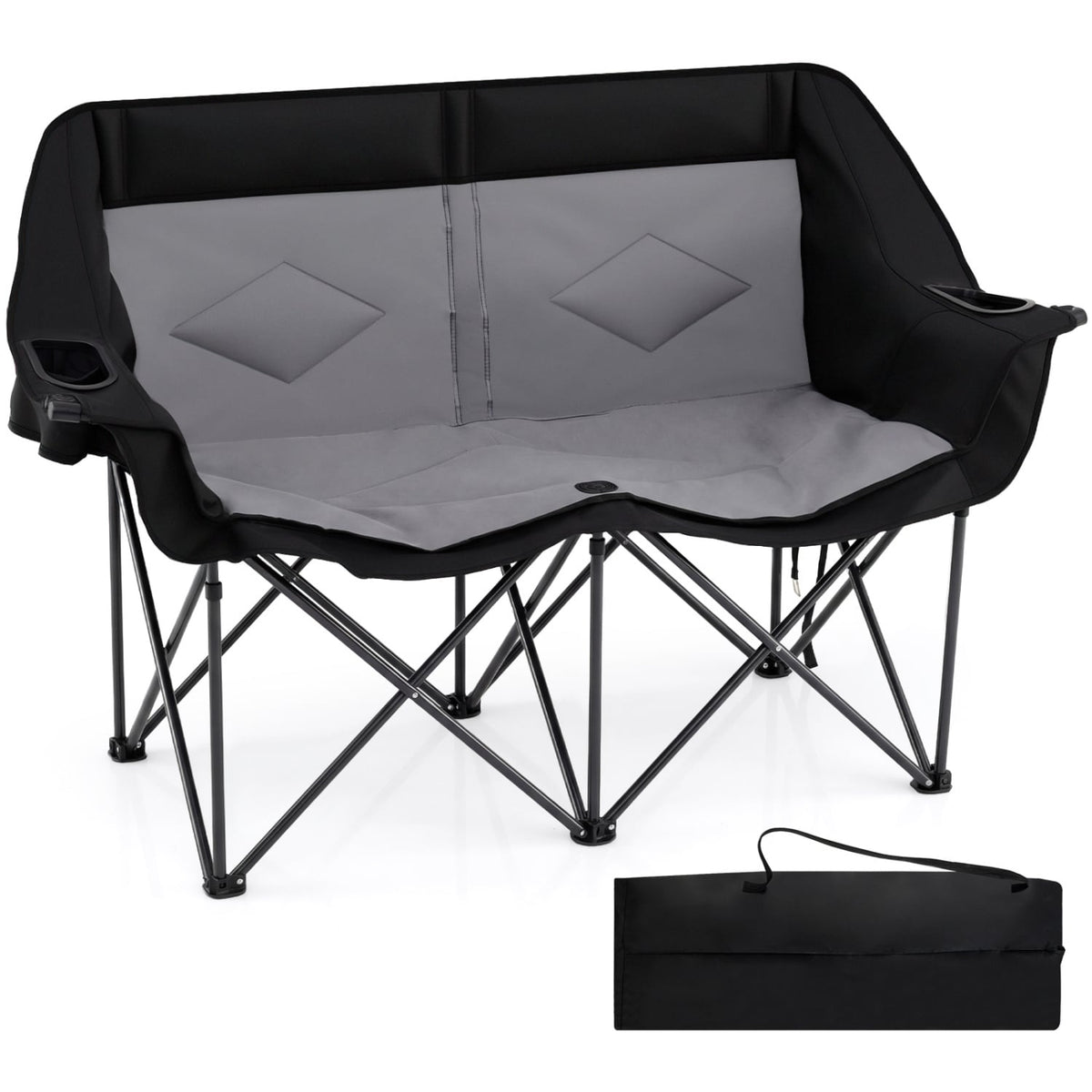 Double Camping Chair with Cup Holders Glass Racks and Mesh Pockets-DarkGray-Camping Furniture-DECOROLALA