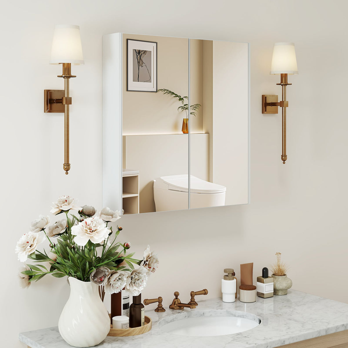 Double Door Bathroom Wall Cabinet with Mirror and Adjustable Shelf-Wall Cabinets-DECOROLALA