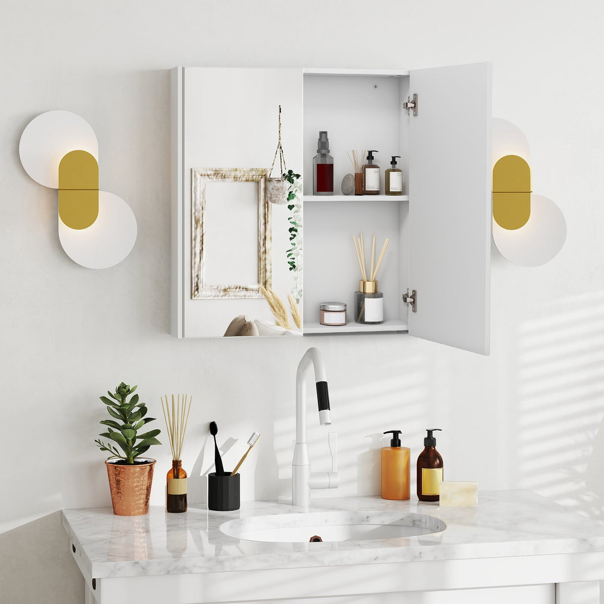 Double Door Bathroom Wall Cabinet with Mirror and Adjustable Shelf-Wall Cabinets-DECOROLALA