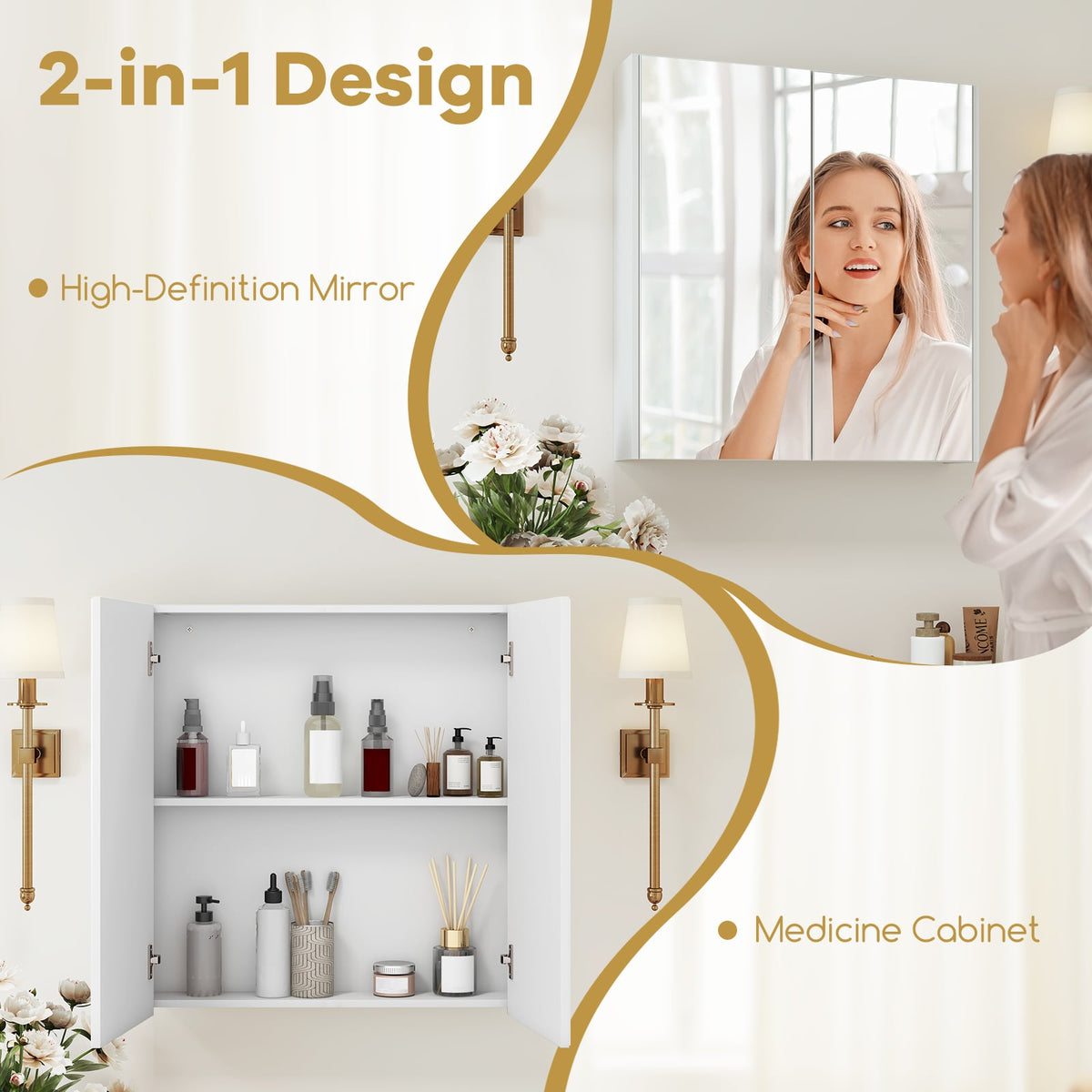 Double Door Bathroom Wall Cabinet with Mirror and Adjustable Shelf-Wall Cabinets-DECOROLALA