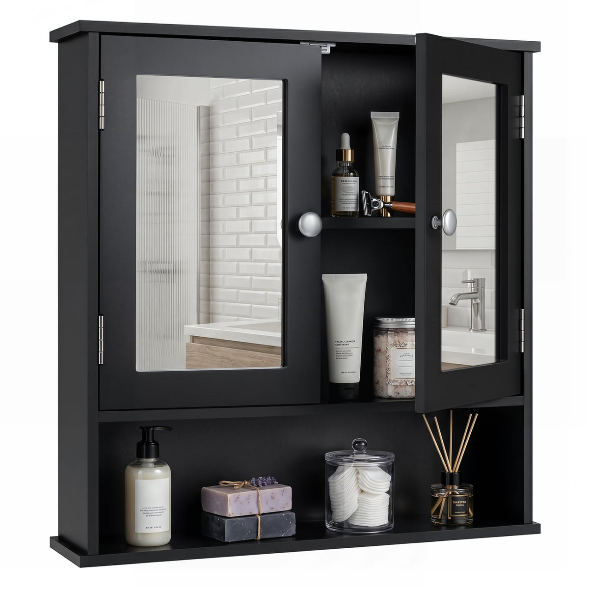 Double Door Wall-Mounted Bathroom Mirror Cabinet - Black 22"-Wall Cabinets-DECOROLALA
