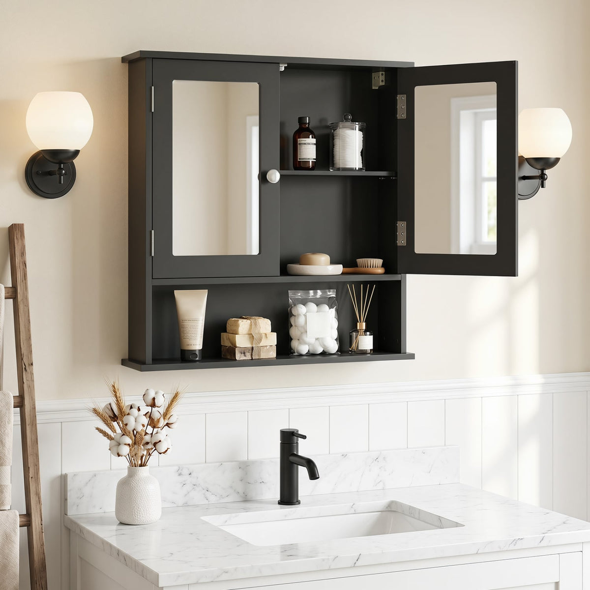 Double Door Wall-Mounted Bathroom Mirror Cabinet - Black 22"-Wall Cabinets-DECOROLALA