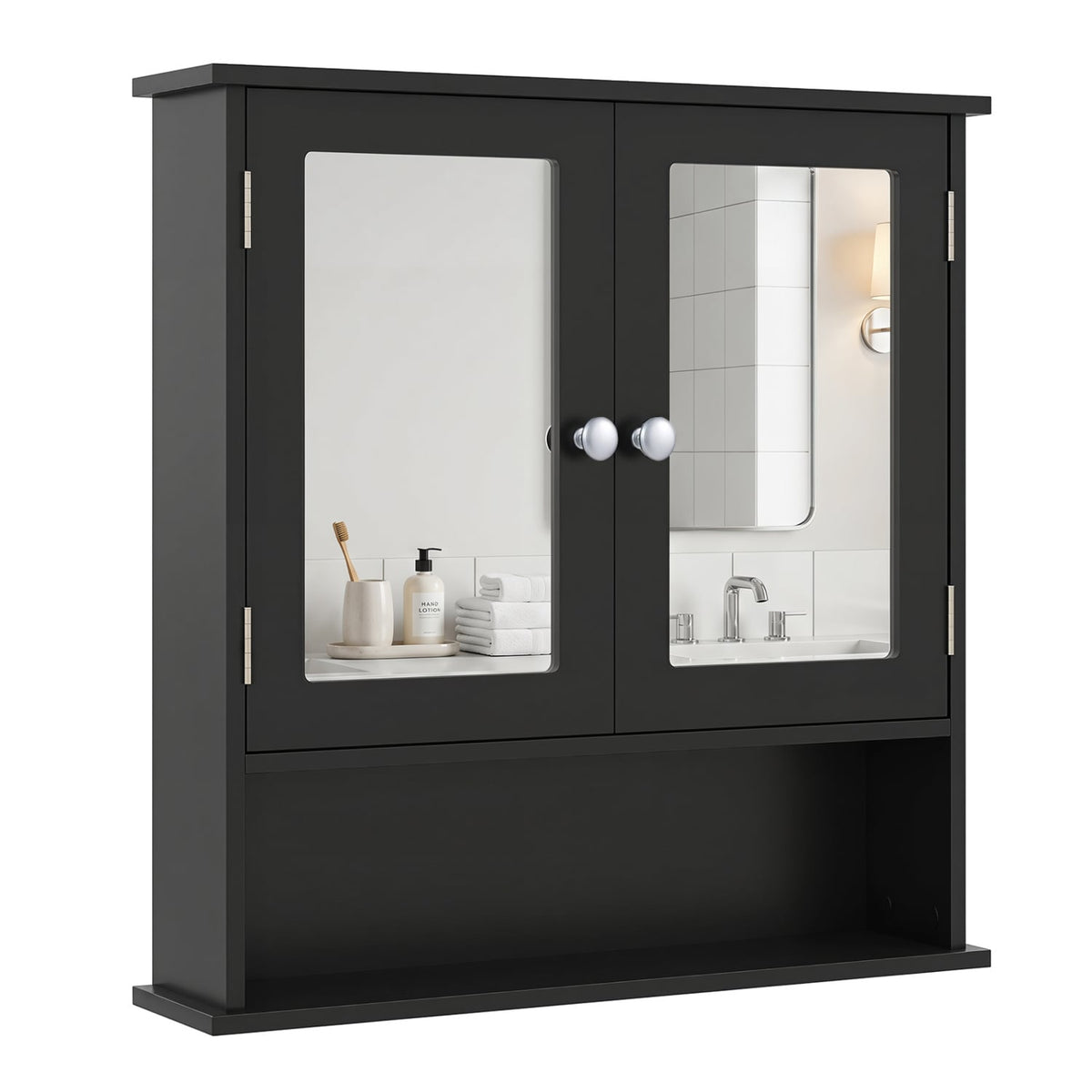 Double Door Wall-Mounted Bathroom Mirror Cabinet - Black 22"-Wall Cabinets-DECOROLALA