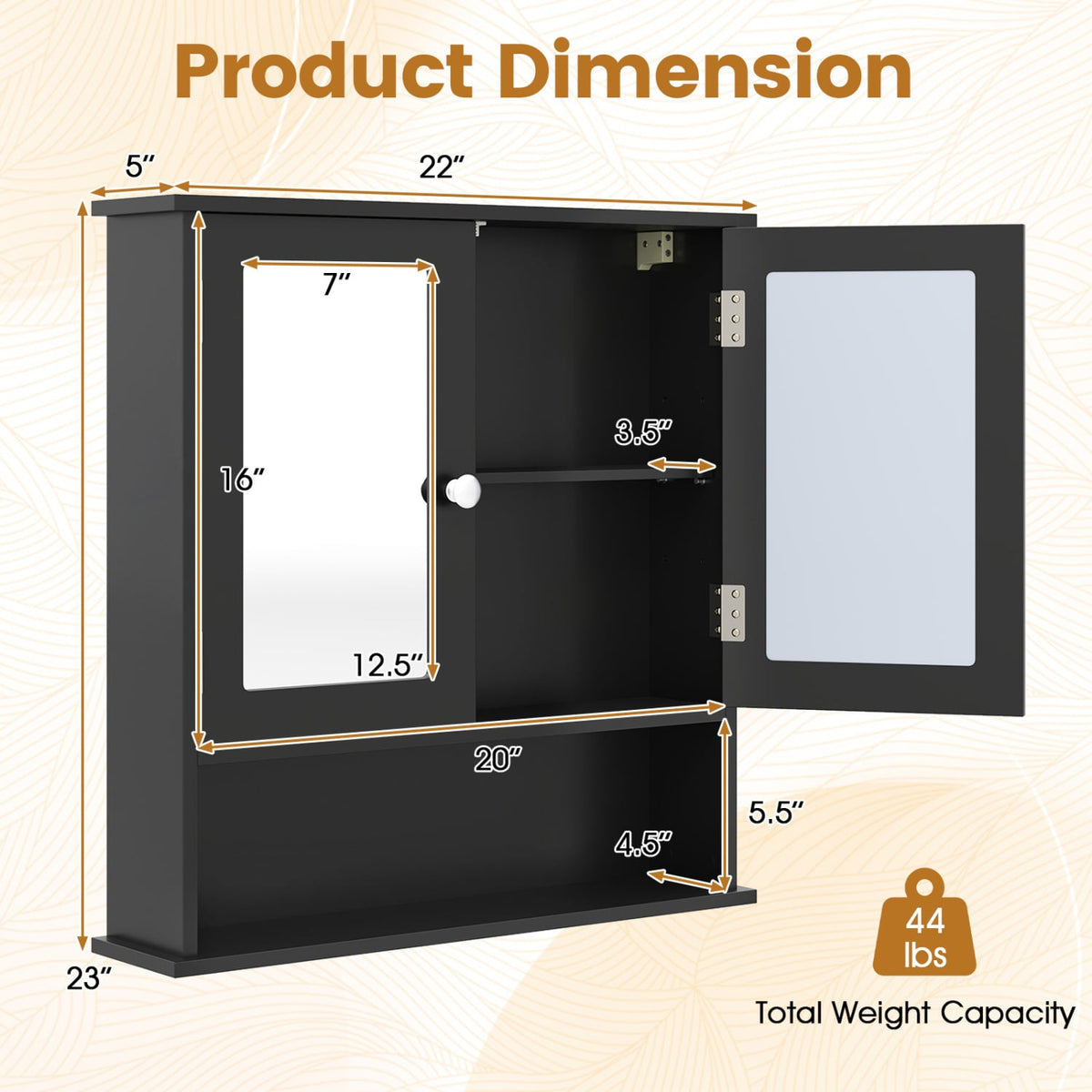 Double Door Wall-Mounted Bathroom Mirror Cabinet - Black 22"-Wall Cabinets-DECOROLALA