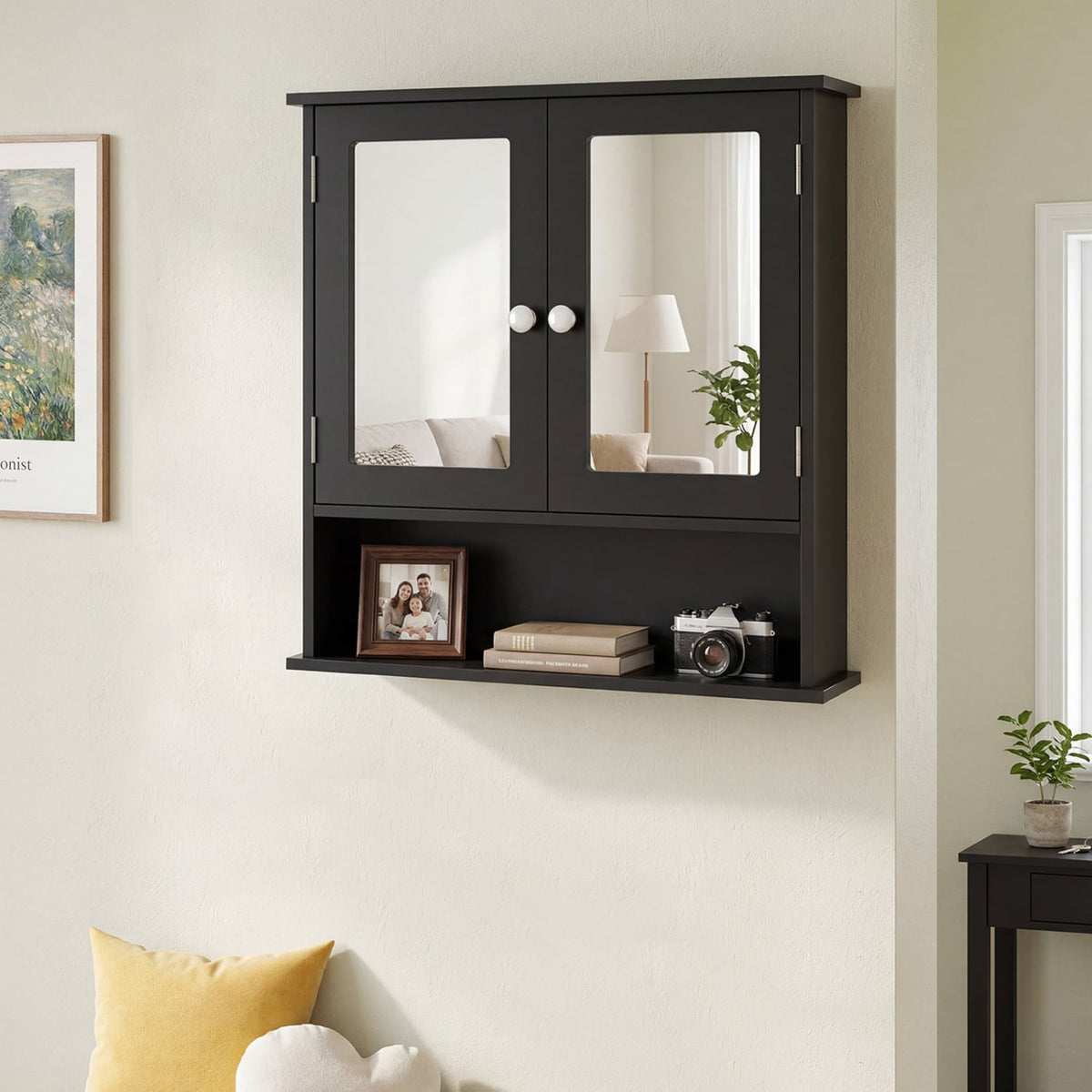 Double Door Wall-Mounted Bathroom Mirror Cabinet - Black 22"-Wall Cabinets-DECOROLALA