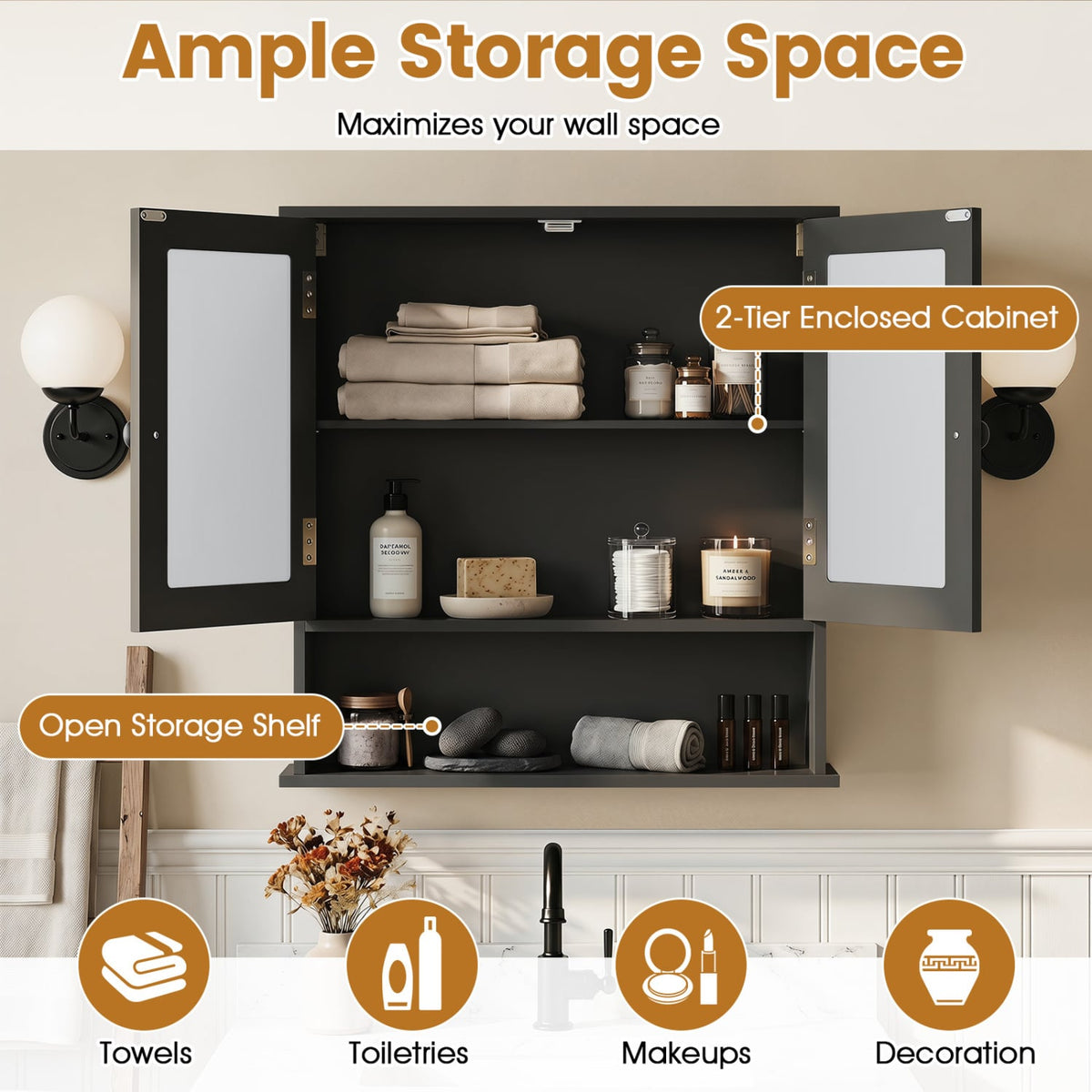 Double Door Wall-Mounted Bathroom Mirror Cabinet - Black 22"-Wall Cabinets-DECOROLALA