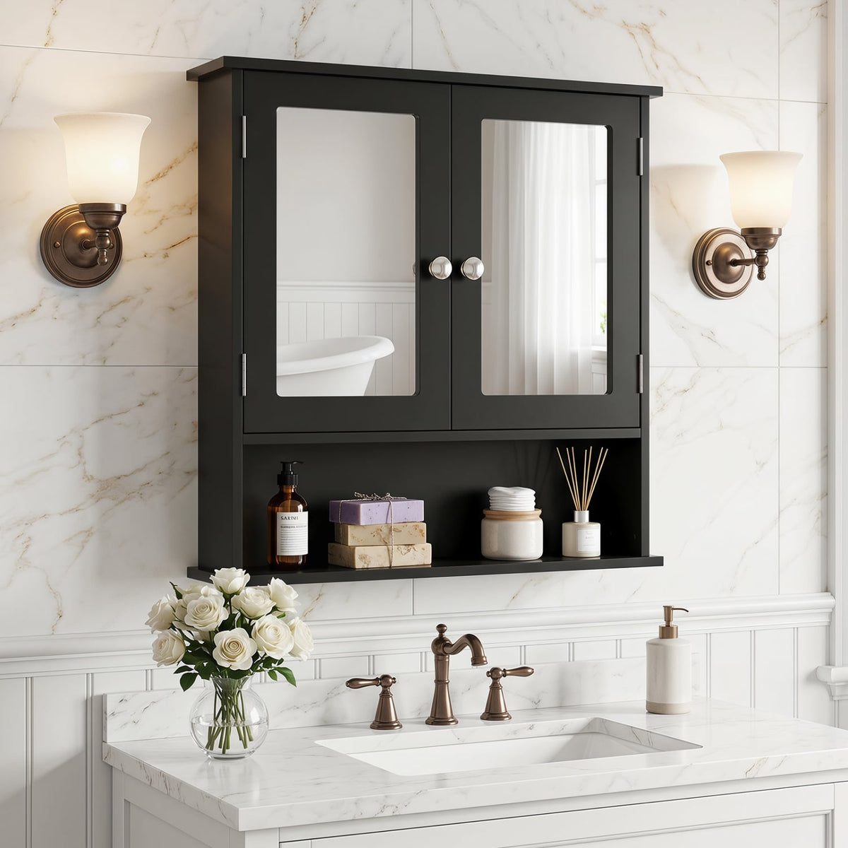 Double Door Wall-Mounted Bathroom Mirror Cabinet - Black 22"-Wall Cabinets-DECOROLALA