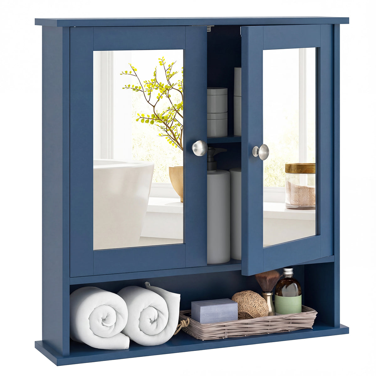 Double Door Wall-Mounted Mirror Cabinet - Blue 22" x 23"-Wall Cabinets-DECOROLALA