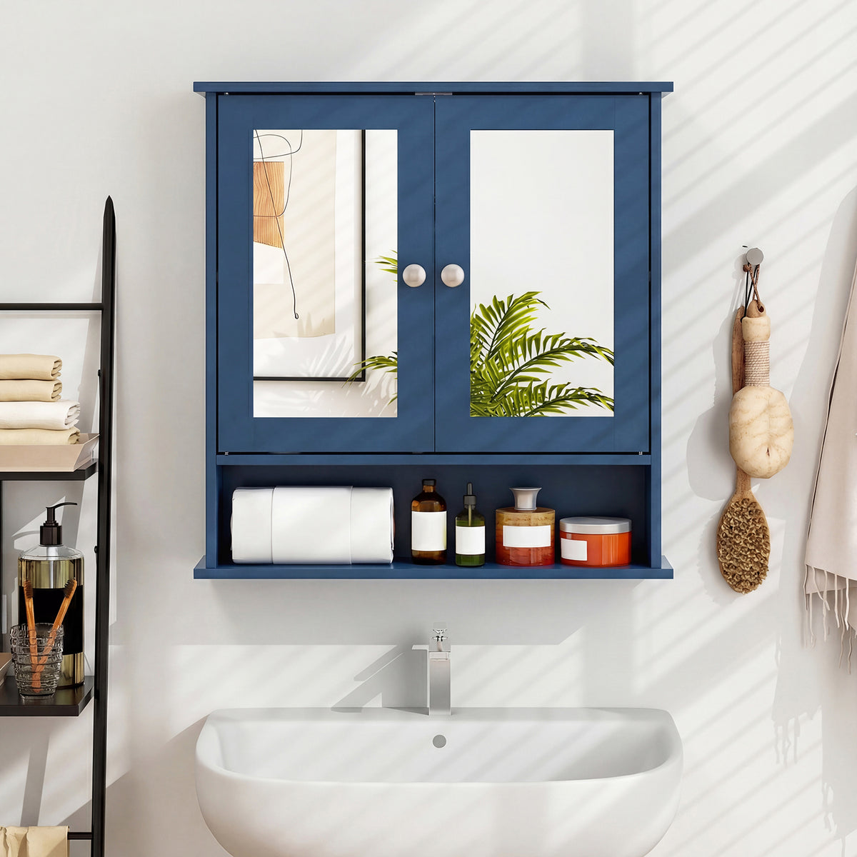 Double Door Wall-Mounted Mirror Cabinet - Blue 22" x 23"-Wall Cabinets-DECOROLALA