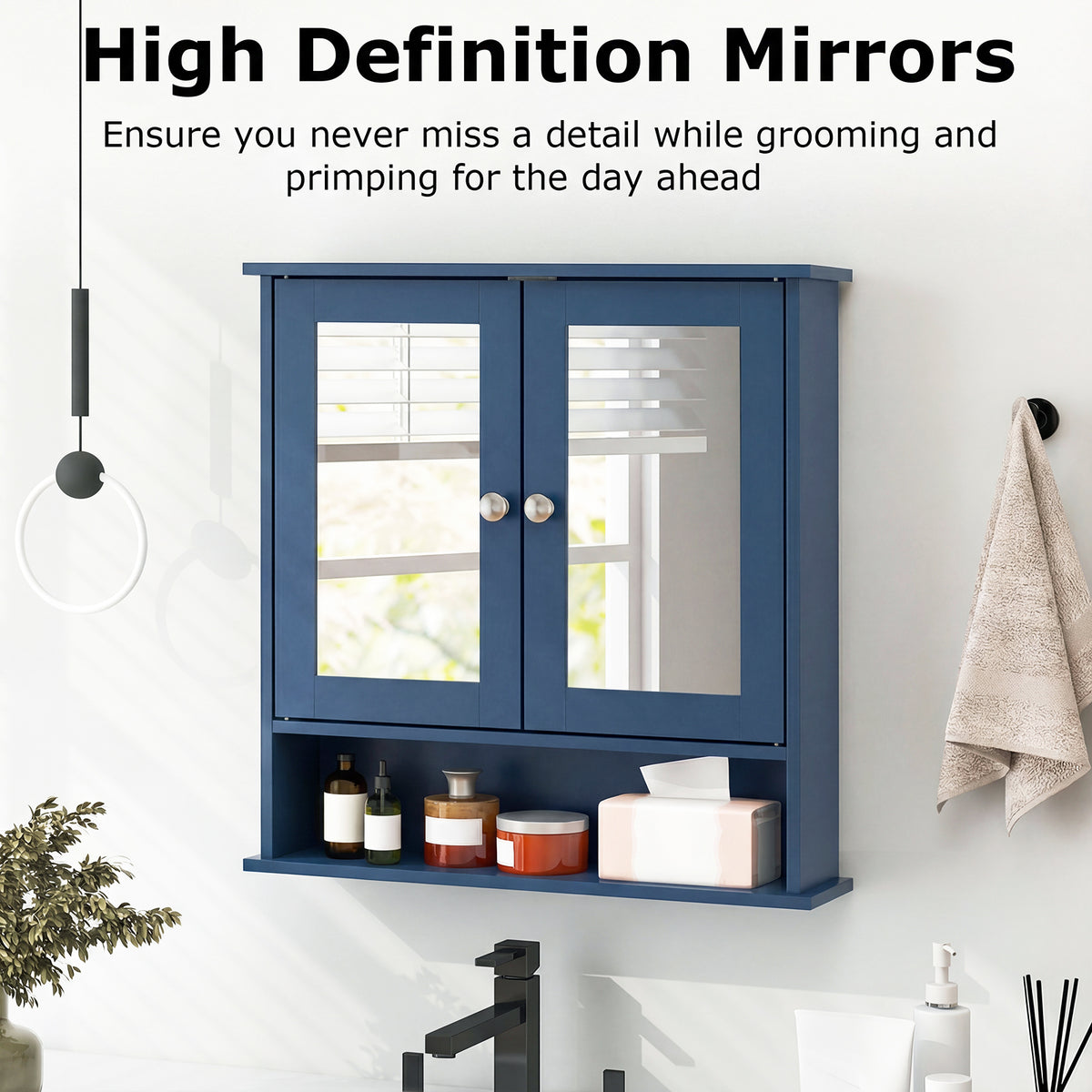 Double Door Wall-Mounted Mirror Cabinet - Blue 22" x 23"-Wall Cabinets-DECOROLALA