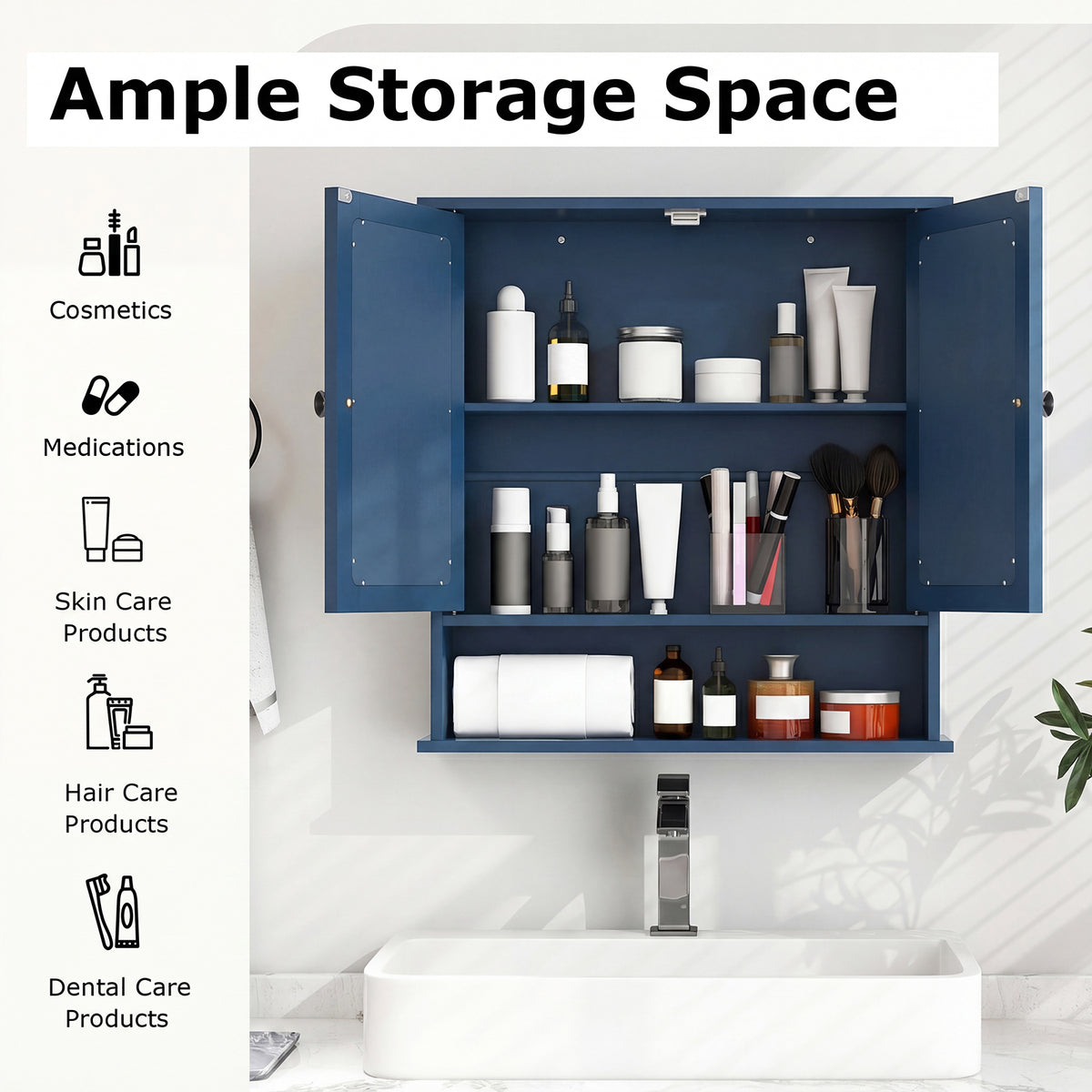 Double Door Wall-Mounted Mirror Cabinet - Blue 22" x 23"-Wall Cabinets-DECOROLALA