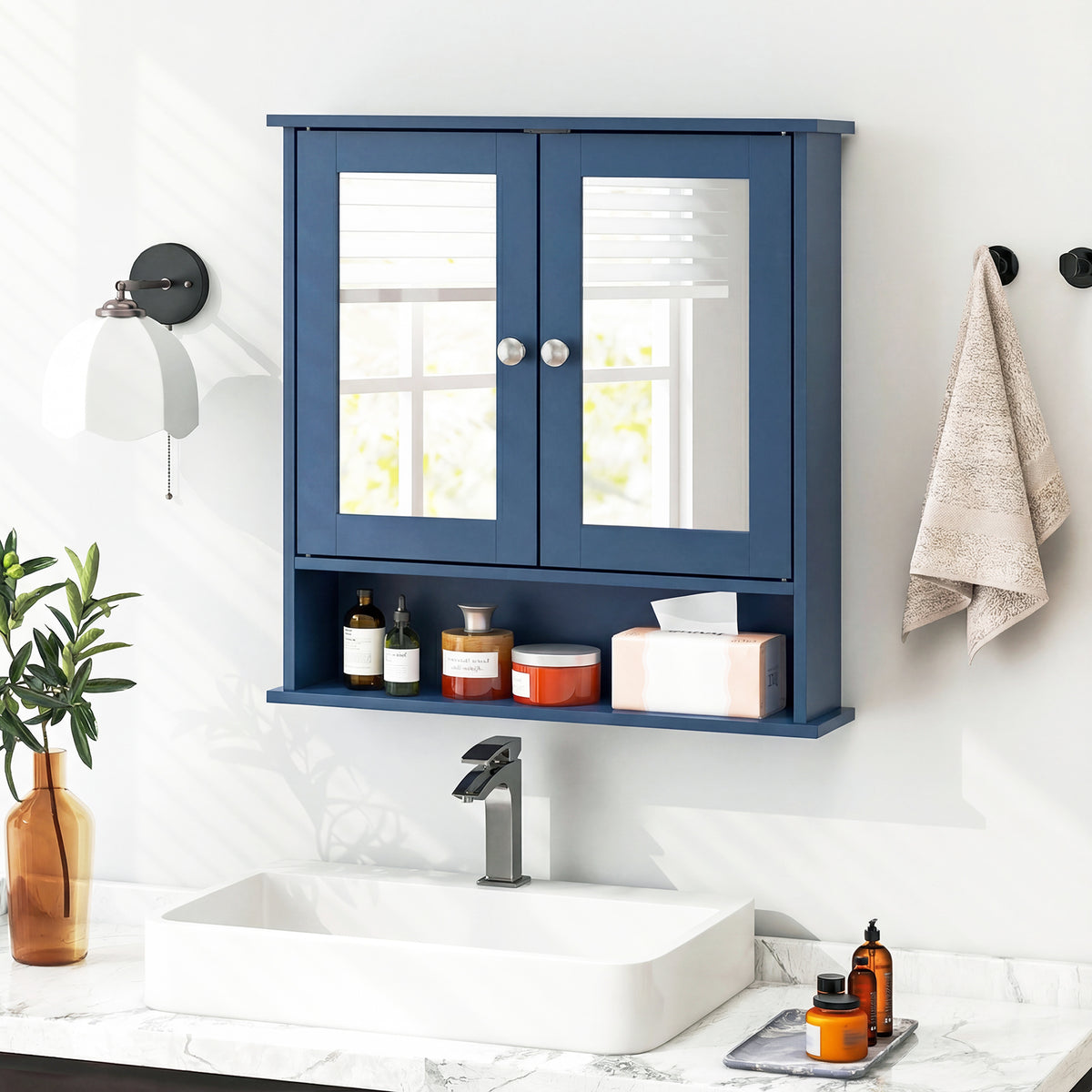 Double Door Wall-Mounted Mirror Cabinet - Blue 22" x 23"-Wall Cabinets-DECOROLALA