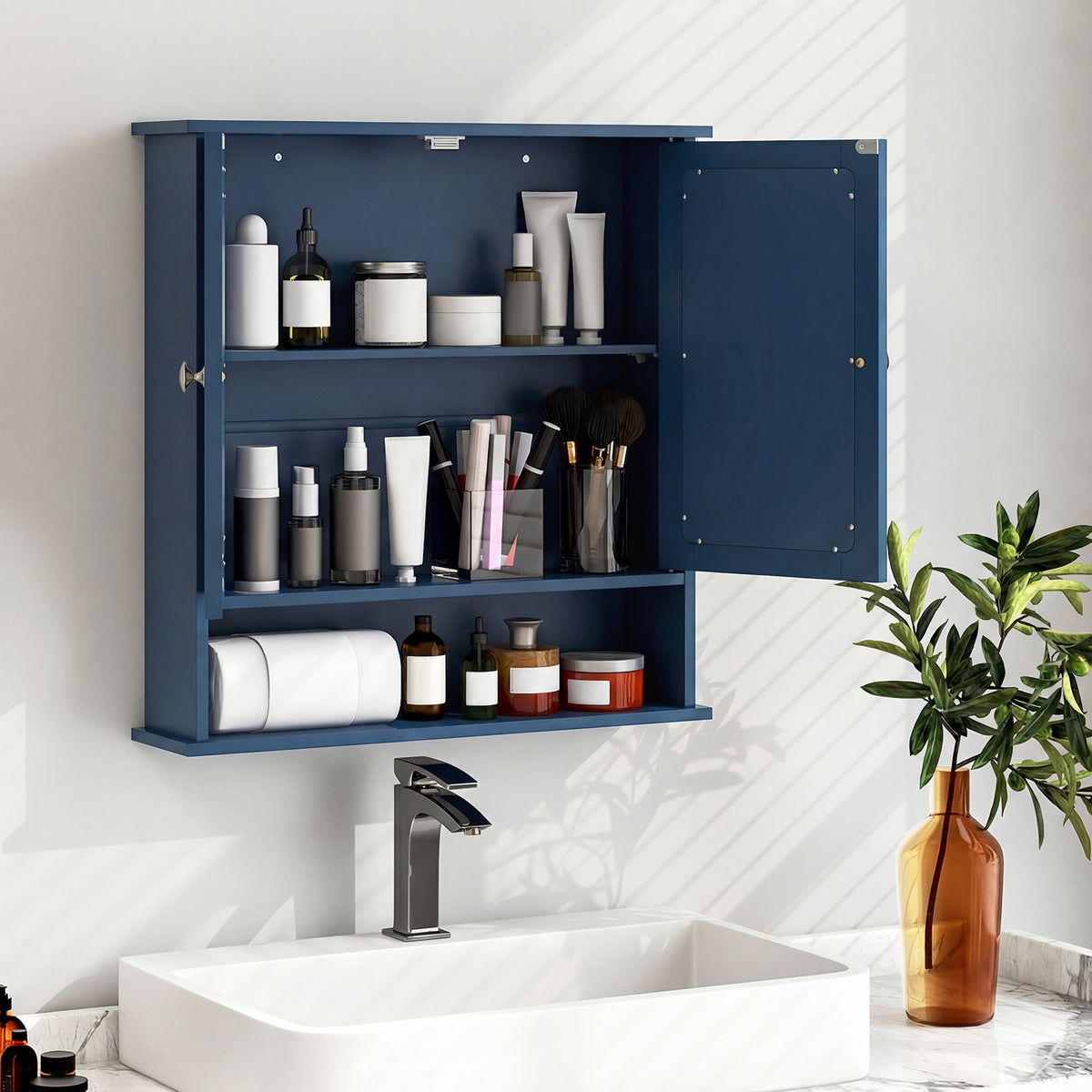 Double Door Wall-Mounted Mirror Cabinet - Blue 22" x 23"-Wall Cabinets-DECOROLALA