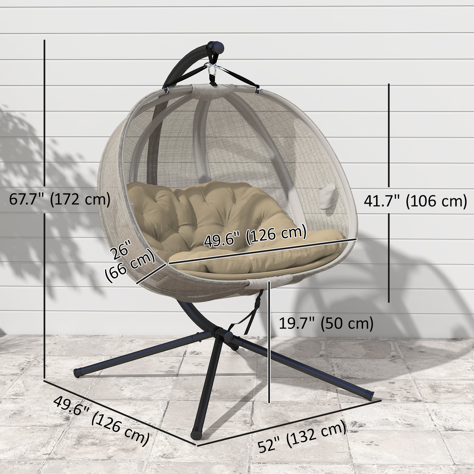 Double Egg Chair, 2-Seater Swing with Cushion & Pockets, Khaki-DECOROLALA