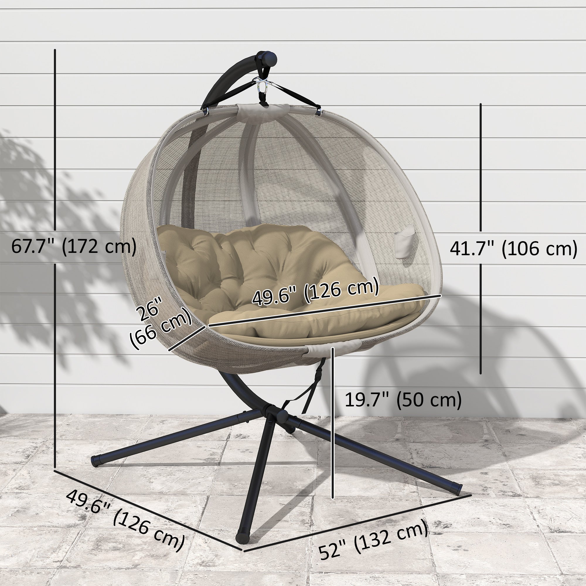 Double Egg Chair, 2-Seater Swing with Cushion & Pockets, Khaki-DECOROLALA