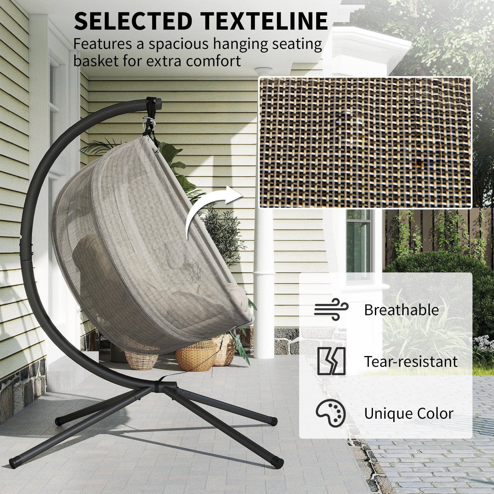 Double Egg Chair, 2-Seater Swing with Cushion & Pockets, Khaki-DECOROLALA