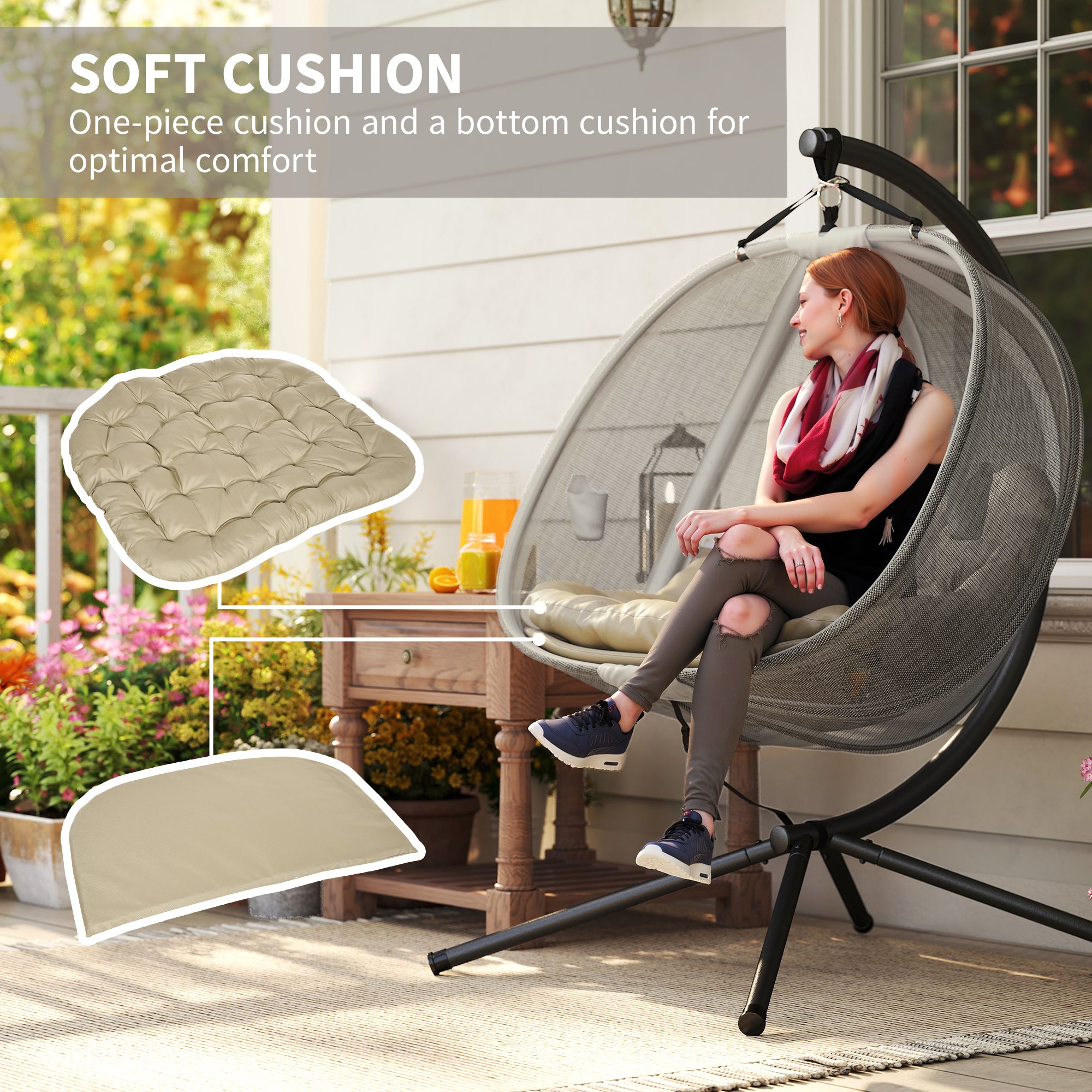 Double Egg Chair, 2-Seater Swing with Cushion & Pockets, Khaki-DECOROLALA
