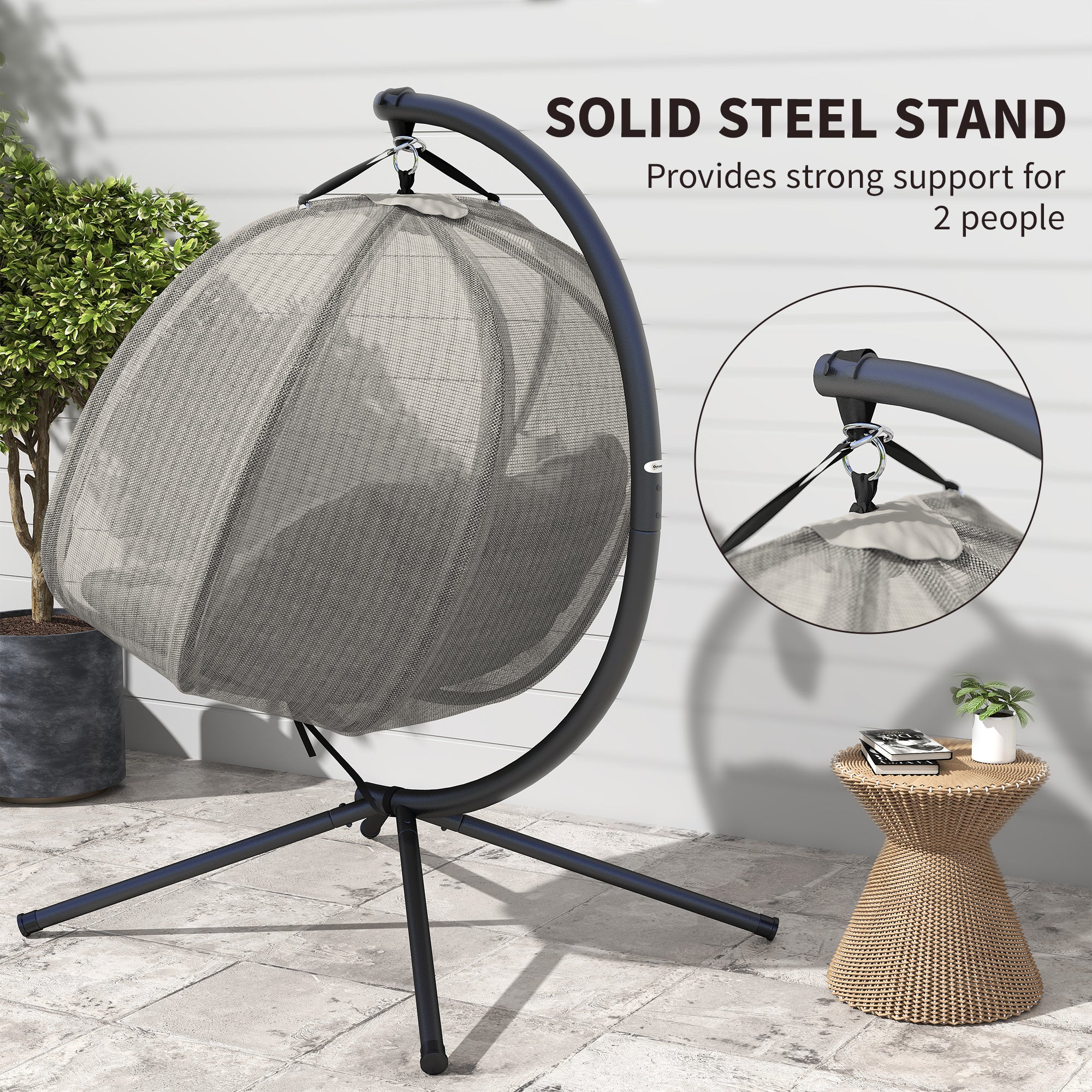 Double Egg Chair, 2-Seater Swing with Cushion & Pockets, Khaki-DECOROLALA