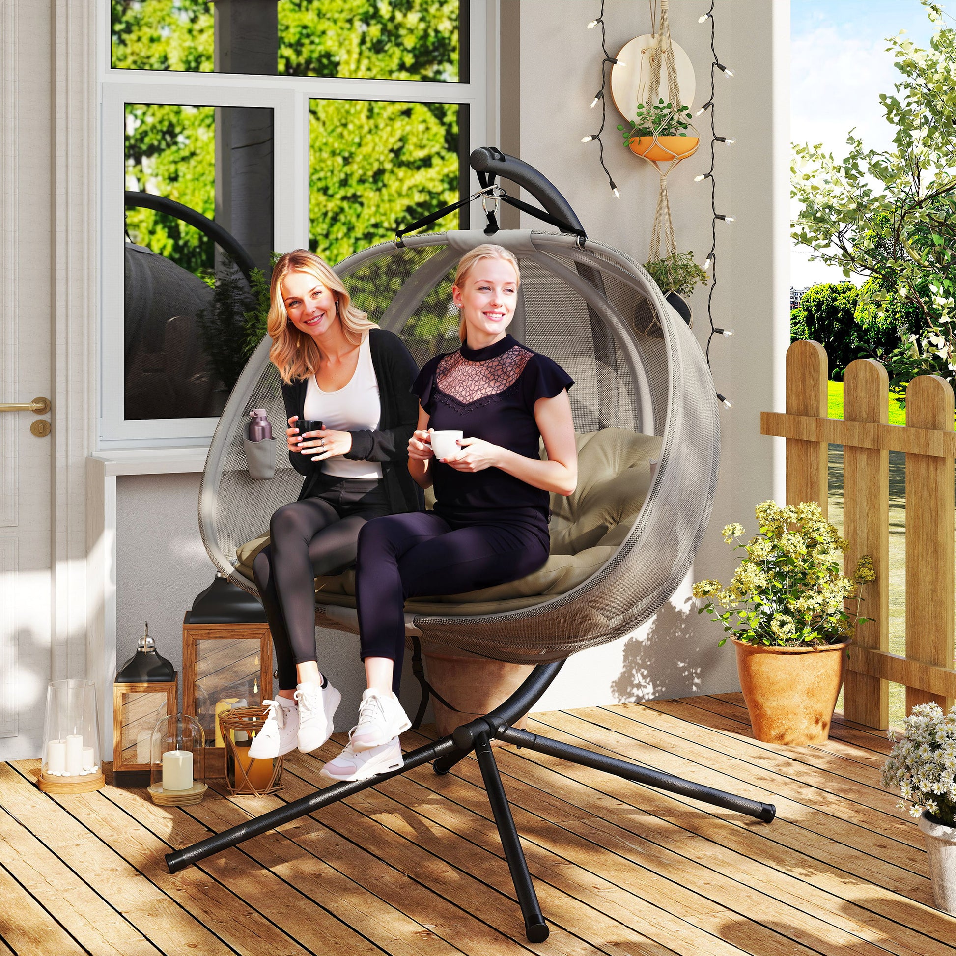Double Egg Chair, 2-Seater Swing with Cushion & Pockets, Khaki-DECOROLALA