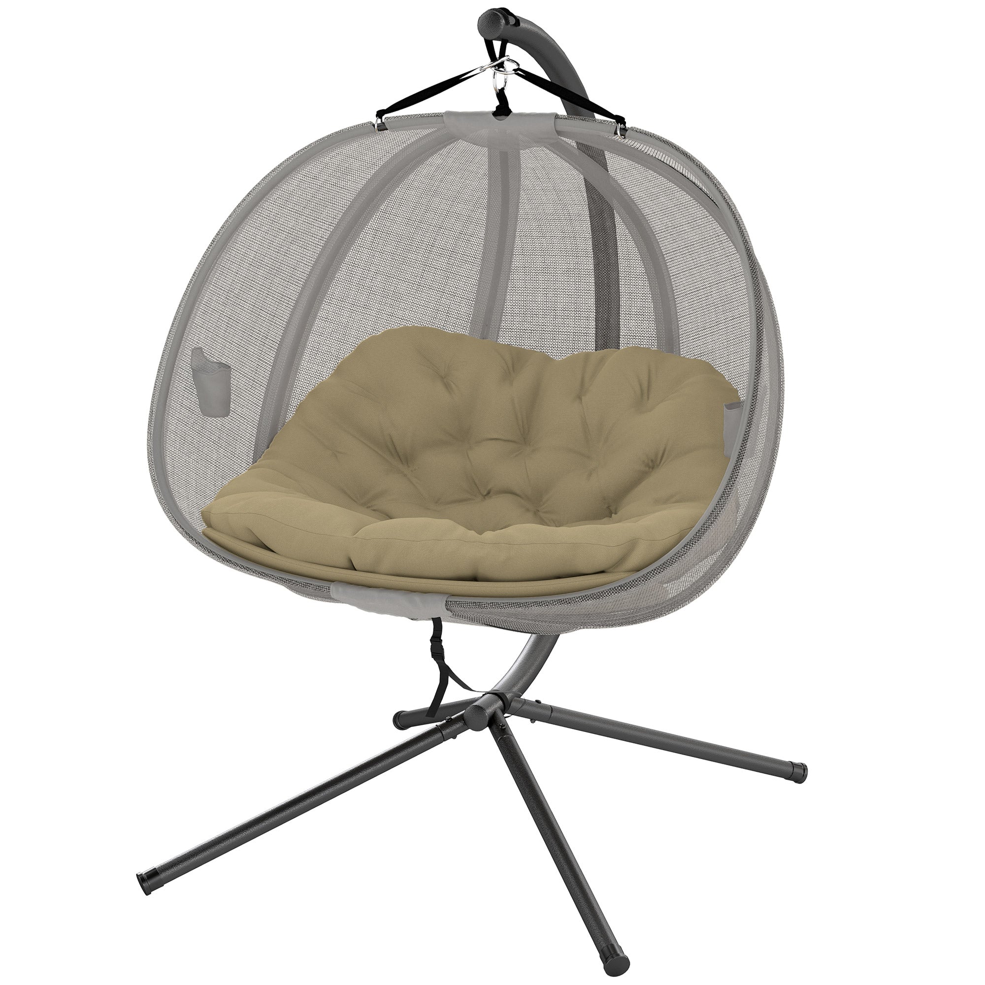 Double Egg Chair, 2-Seater Swing with Cushion & Pockets, Khaki-DECOROLALA
