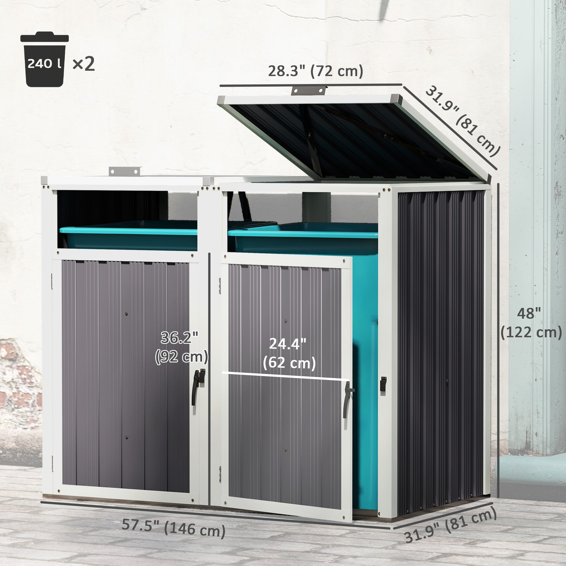Double Garbage Bin Shed - Galvanized Steel Dark Grey-Patio & Garden > Lawn & Garden > Sheds-DECOROLALA