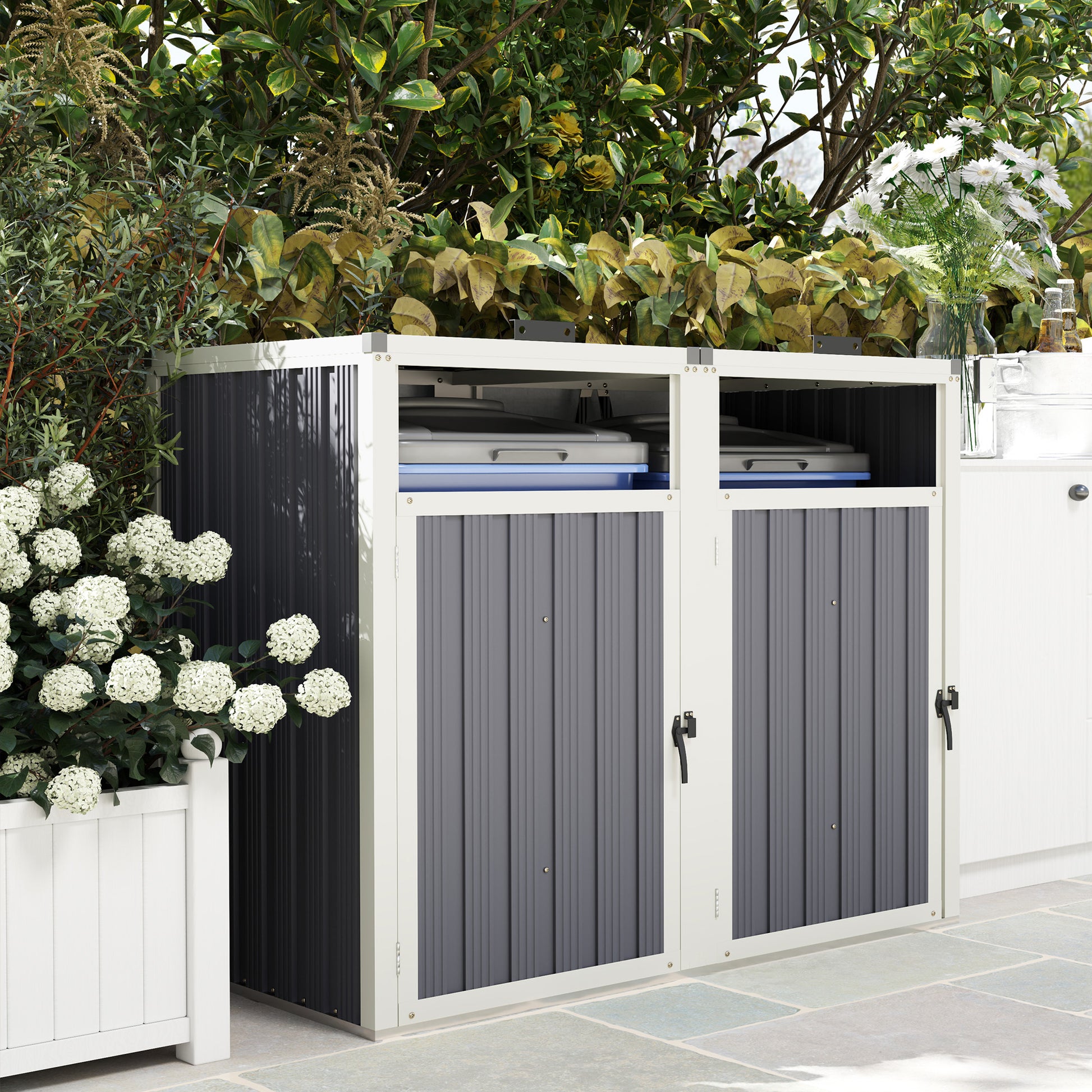 Double Garbage Bin Shed - Galvanized Steel Dark Grey-Patio & Garden > Lawn & Garden > Sheds-DECOROLALA