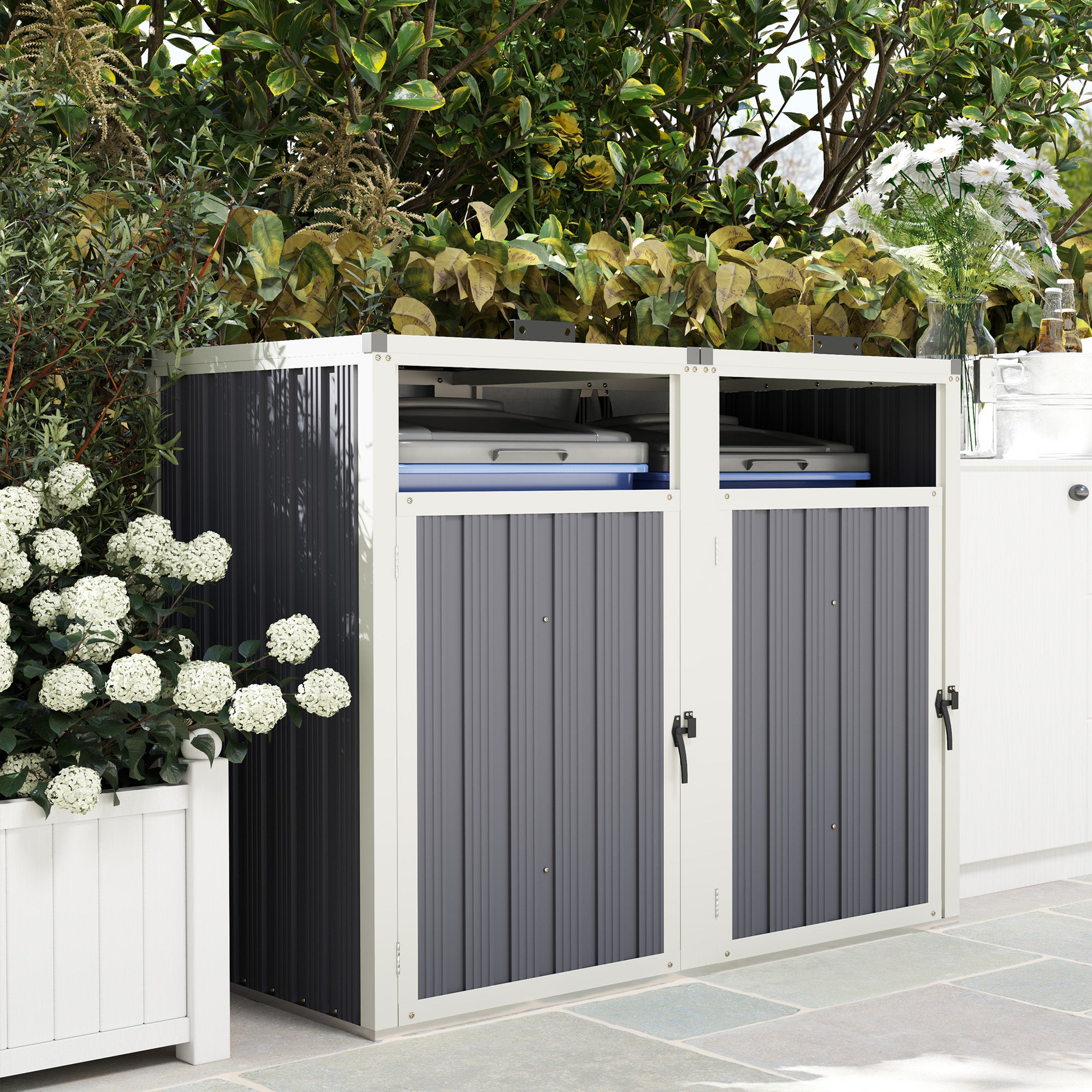 Double Garbage Bin Shed - Galvanized Steel Dark Grey-Patio & Garden > Lawn & Garden > Sheds-DECOROLALA