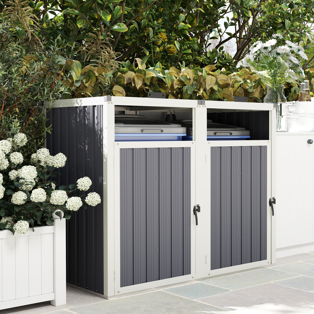 Double Garbage Bin Shed - Galvanized Steel Dark Grey-Patio & Garden > Lawn & Garden > Sheds-DECOROLALA