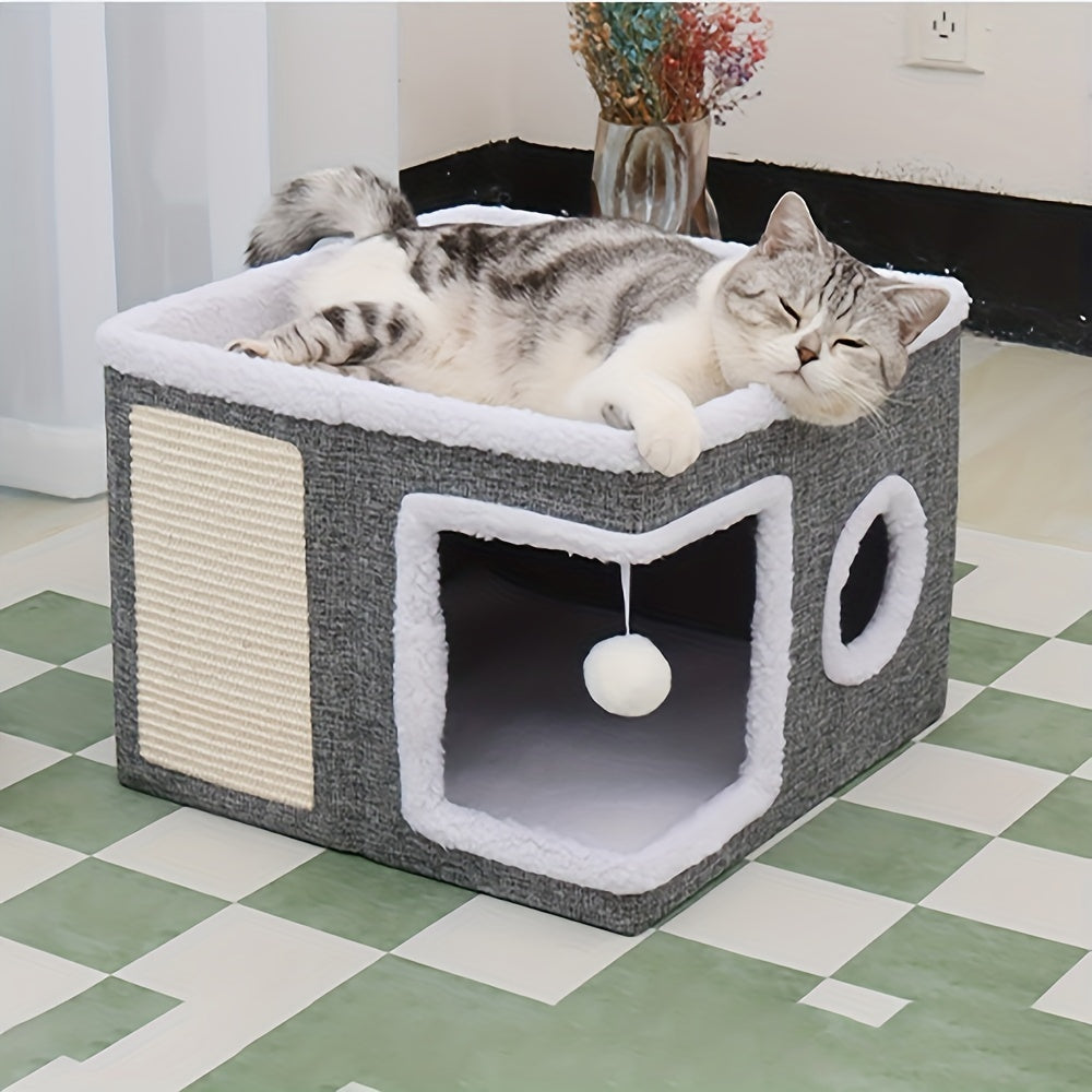 Double-Layer Cat Bed Cave Sofa with Scratching Board - 41cm-Cat Furniture-DECOROLALA