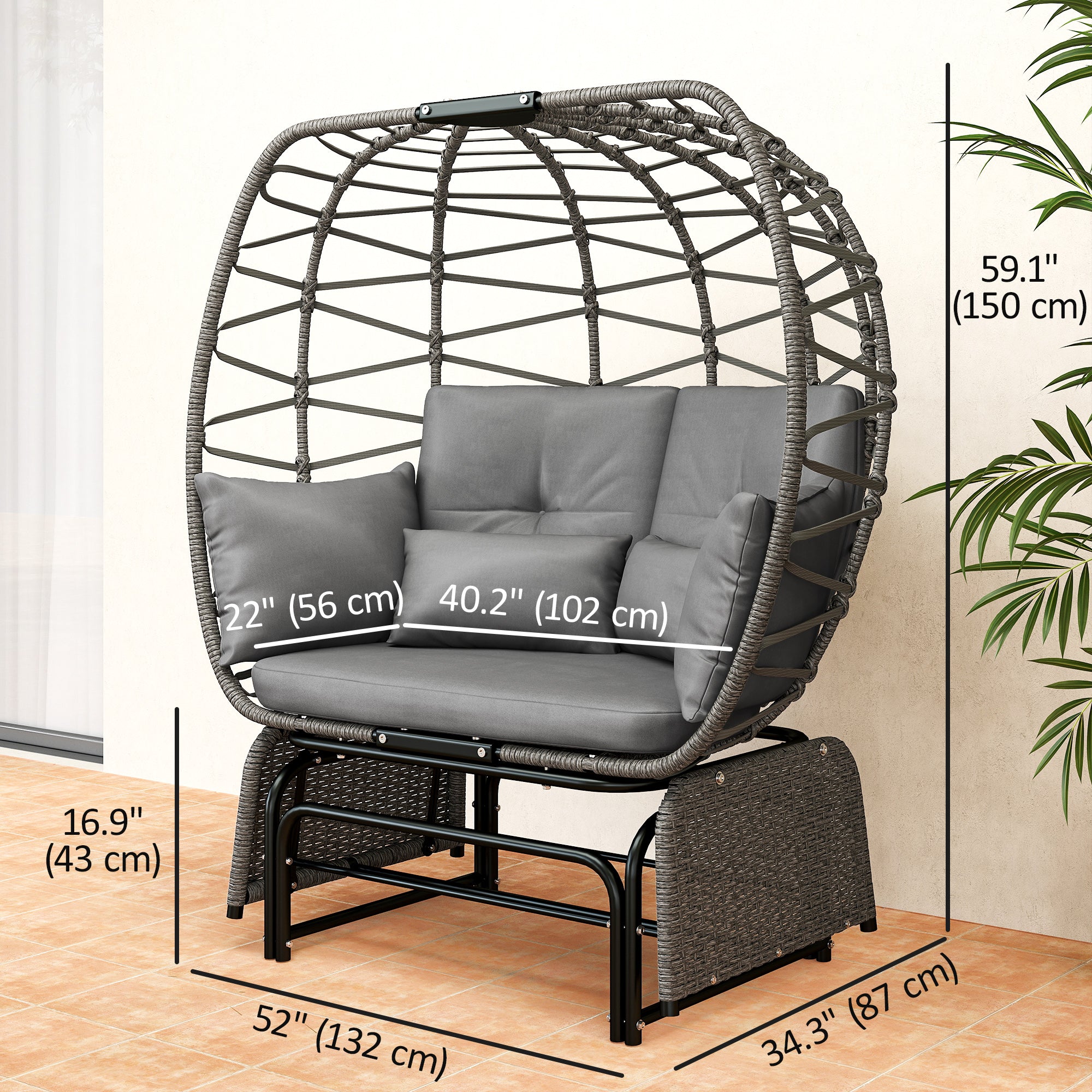 Double Outdoor Glider Egg Chair - Dark Grey Wicker-DECOROLALA