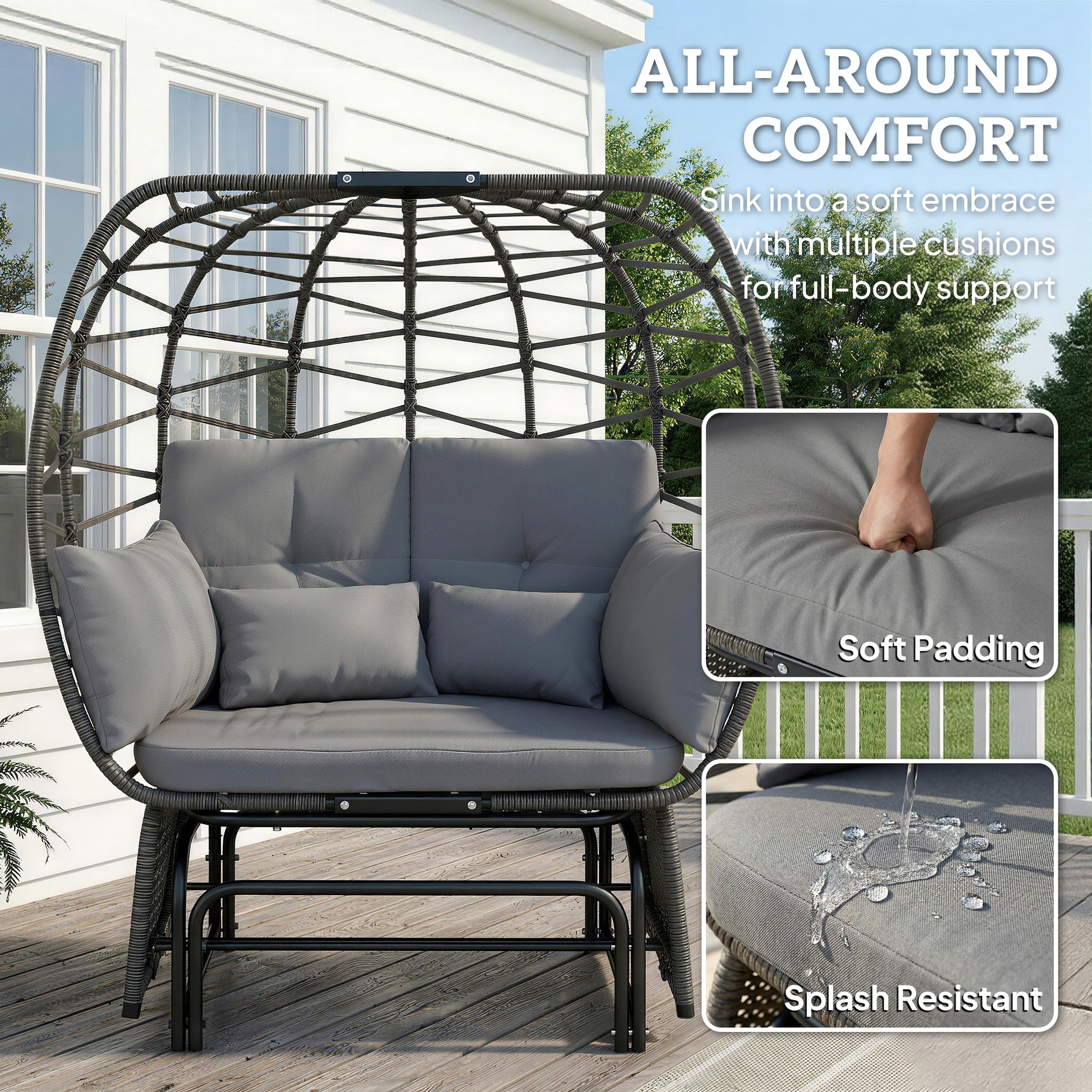 Double Outdoor Glider Egg Chair - Dark Grey Wicker-DECOROLALA