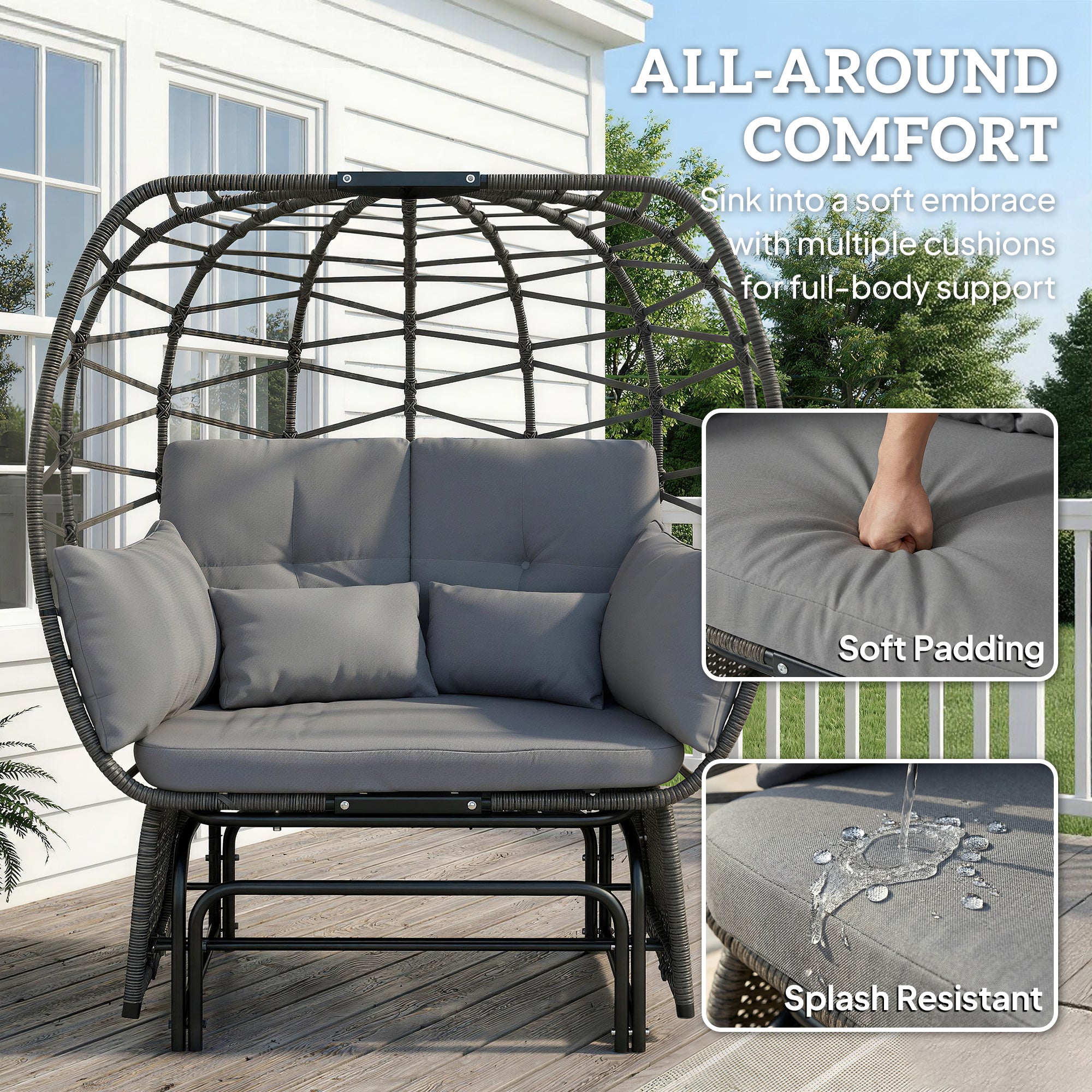 Double Outdoor Glider Egg Chair - Dark Grey Wicker-DECOROLALA