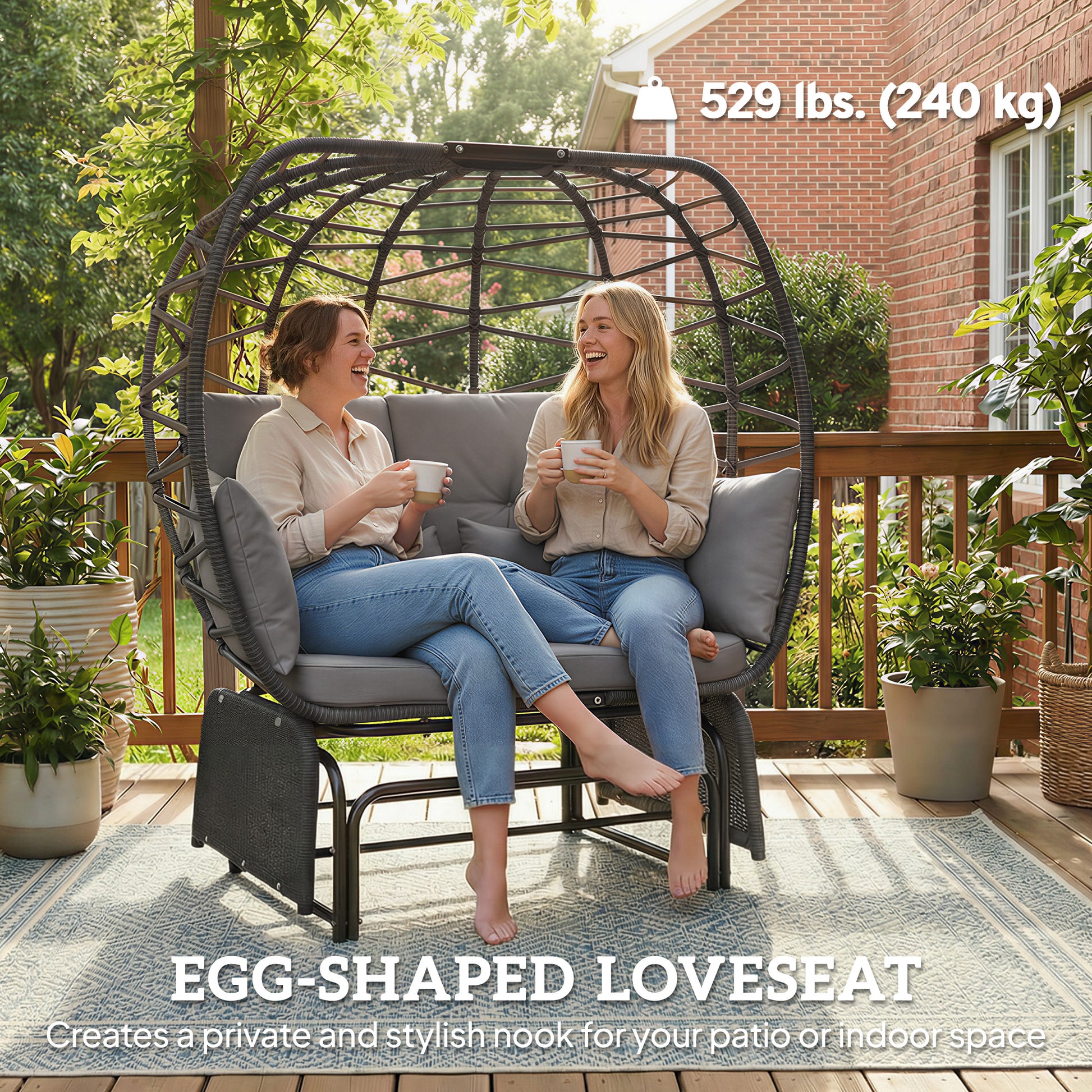 Double Outdoor Glider Egg Chair - Dark Grey Wicker-DECOROLALA