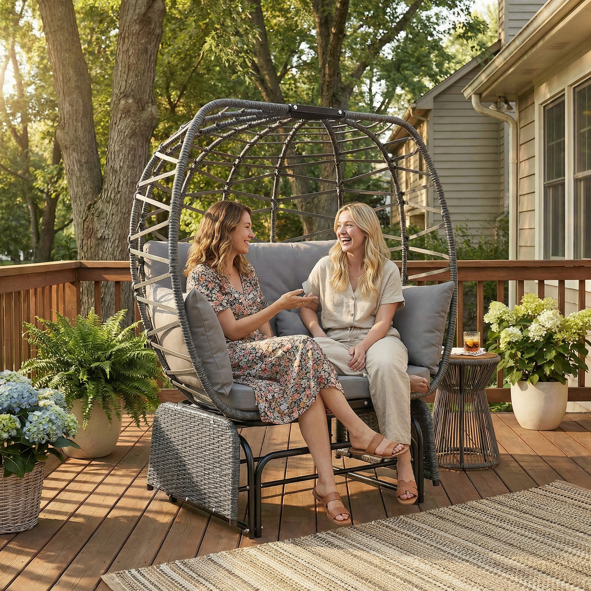 Double Outdoor Glider Egg Chair - Dark Grey Wicker-DECOROLALA