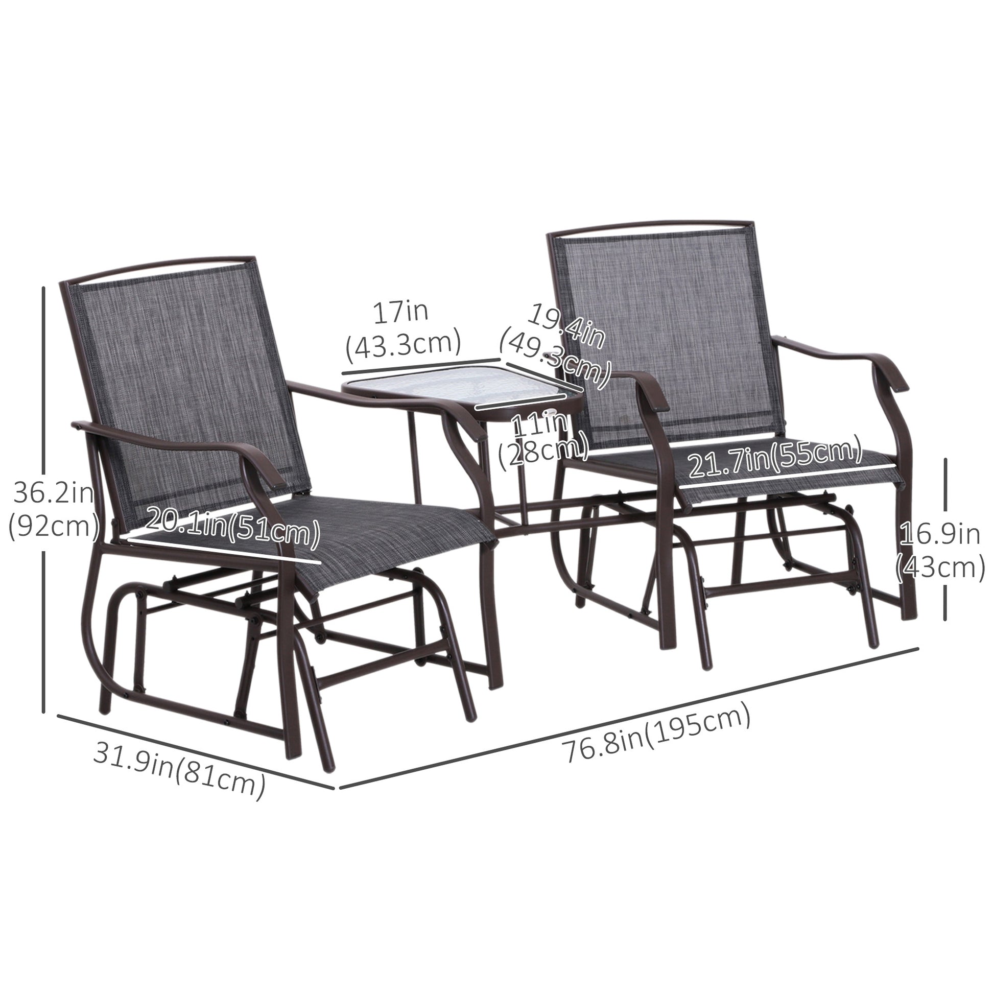 Double Patio Glider Chair with Center Table Grey-DECOROLALA