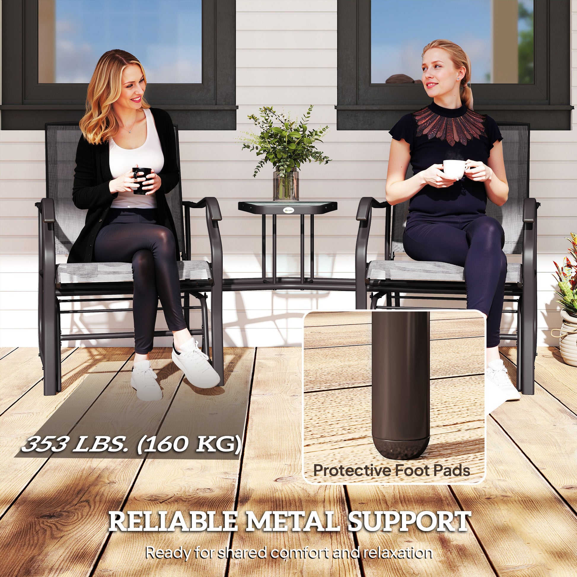 Double Patio Glider Chair with Center Table Grey-DECOROLALA