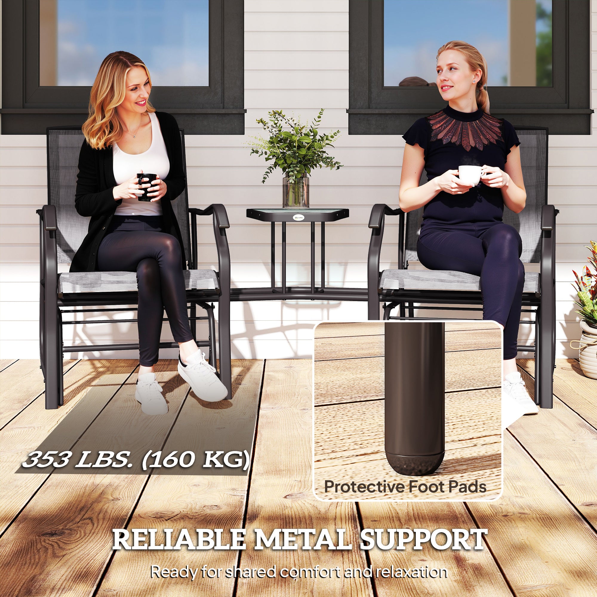 Double Patio Glider Chair with Center Table Grey-DECOROLALA
