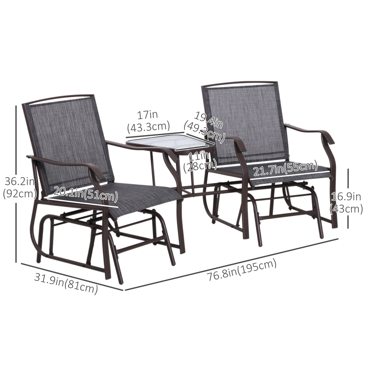 Double Patio Glider Chair with Center Table Grey-Outdoor Rocking Chairs & Gliders-DECOROLALA