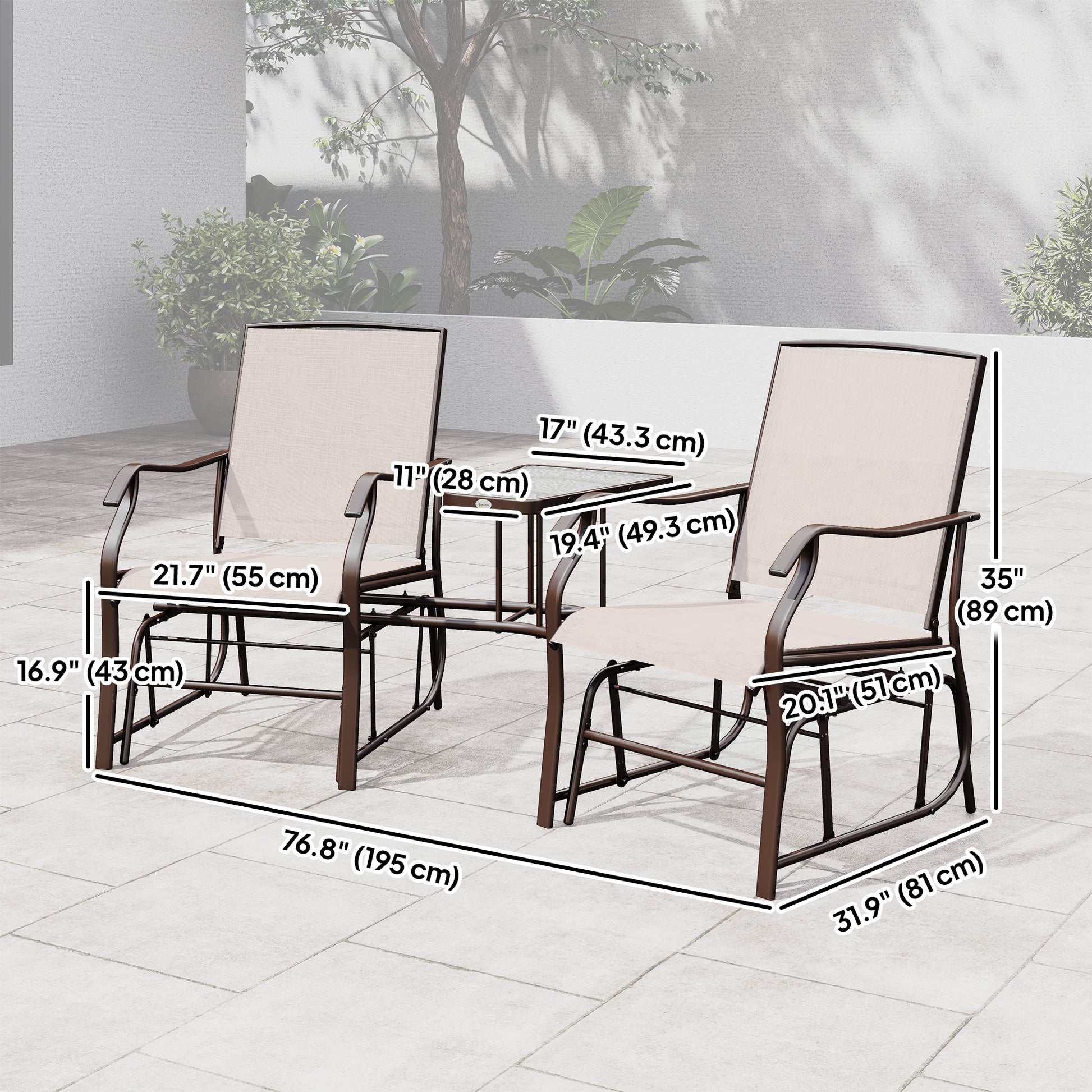 Double Patio Glider Chair with Glass Table - Beige Mesh-DECOROLALA