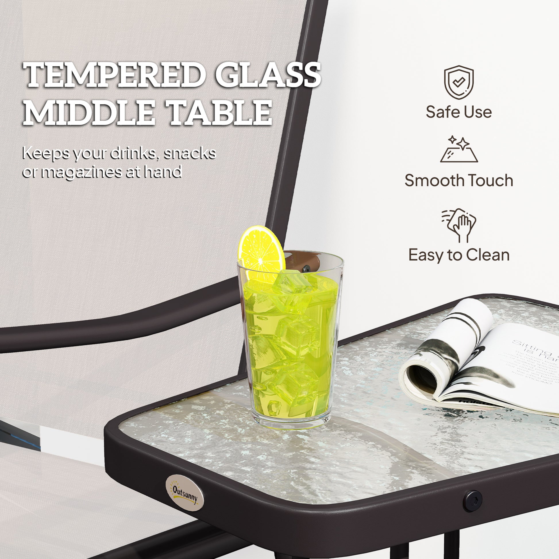 Double Patio Glider Chair with Glass Table - Beige Mesh-DECOROLALA