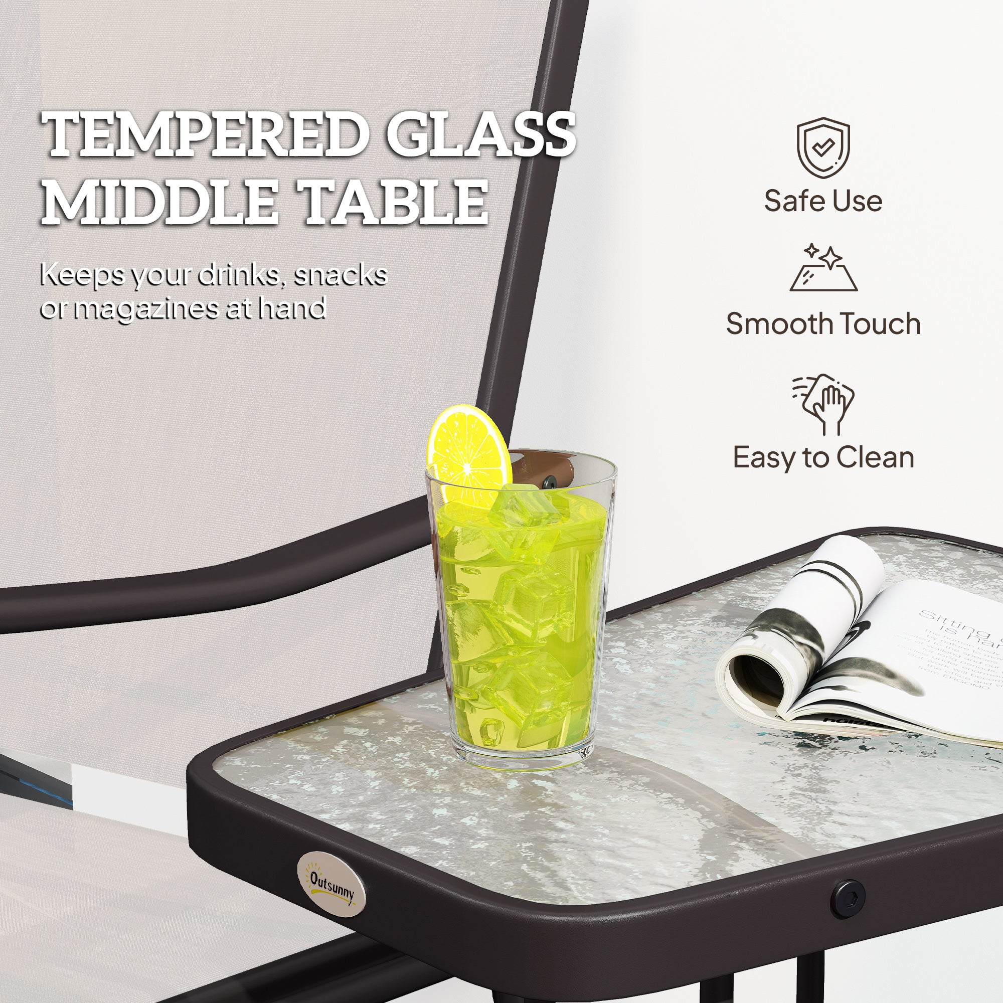 Double Patio Glider Chair with Glass Table - Beige Mesh-DECOROLALA
